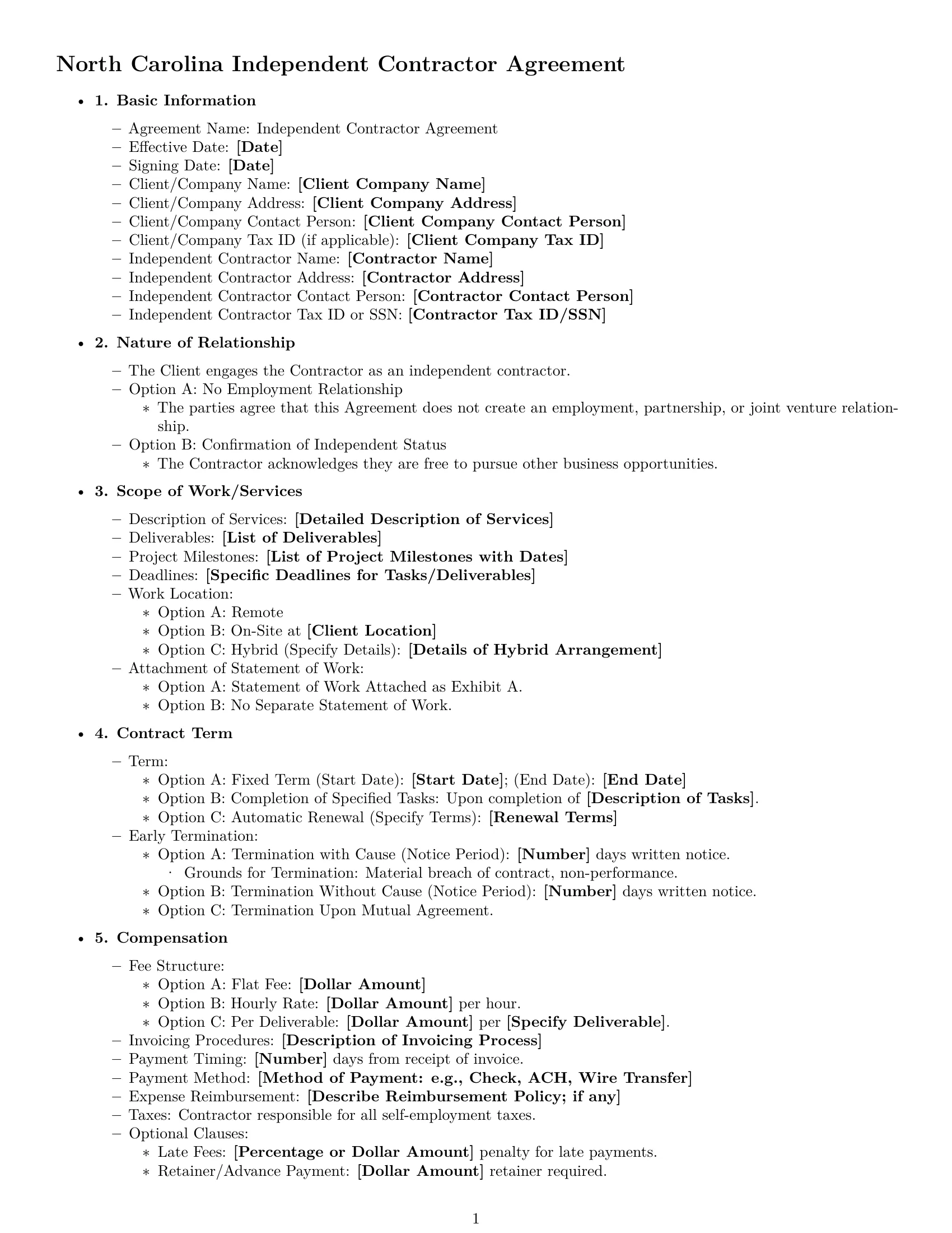 Preview page 1 of Free North Carolina independent contractor agreement template