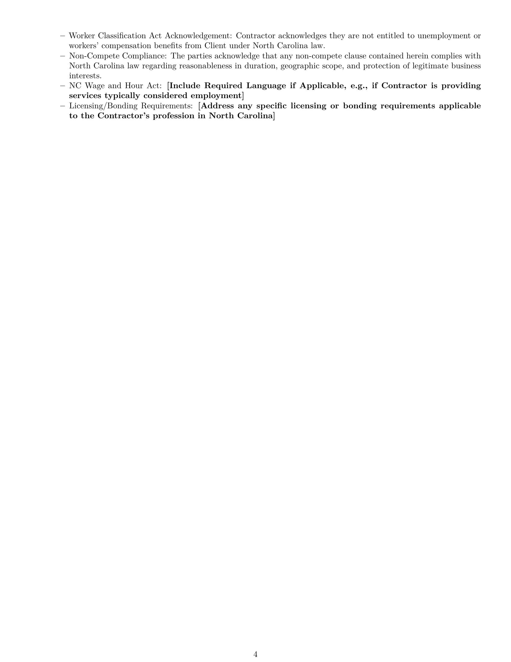 Preview page 4 of Free North Carolina independent contractor agreement template