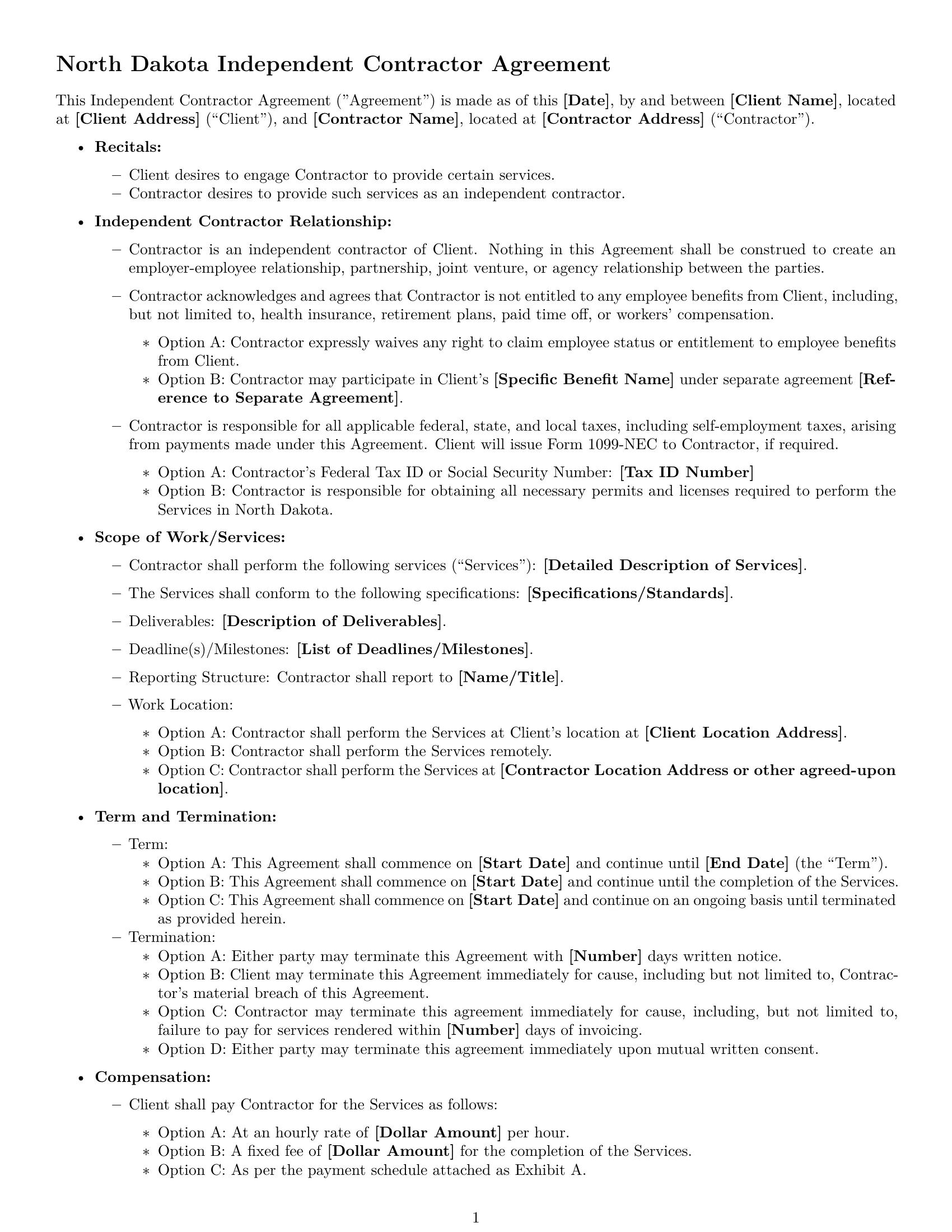 Preview page 1 of Free North Dakota independent contractor agreement template