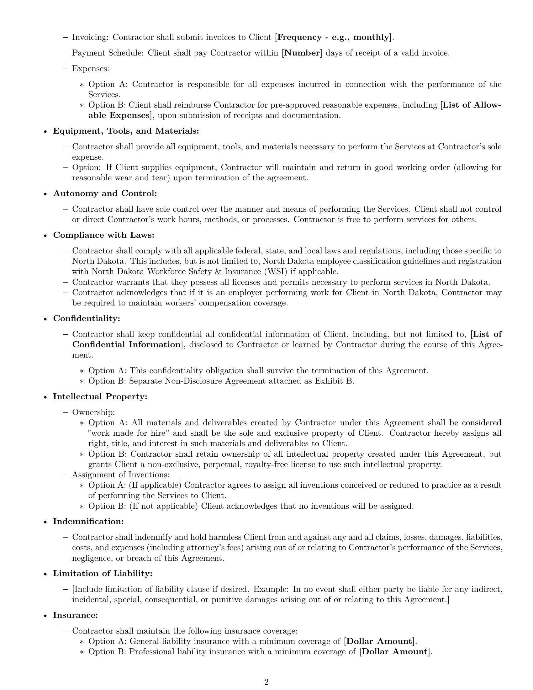 Preview page 2 of Free North Dakota independent contractor agreement template