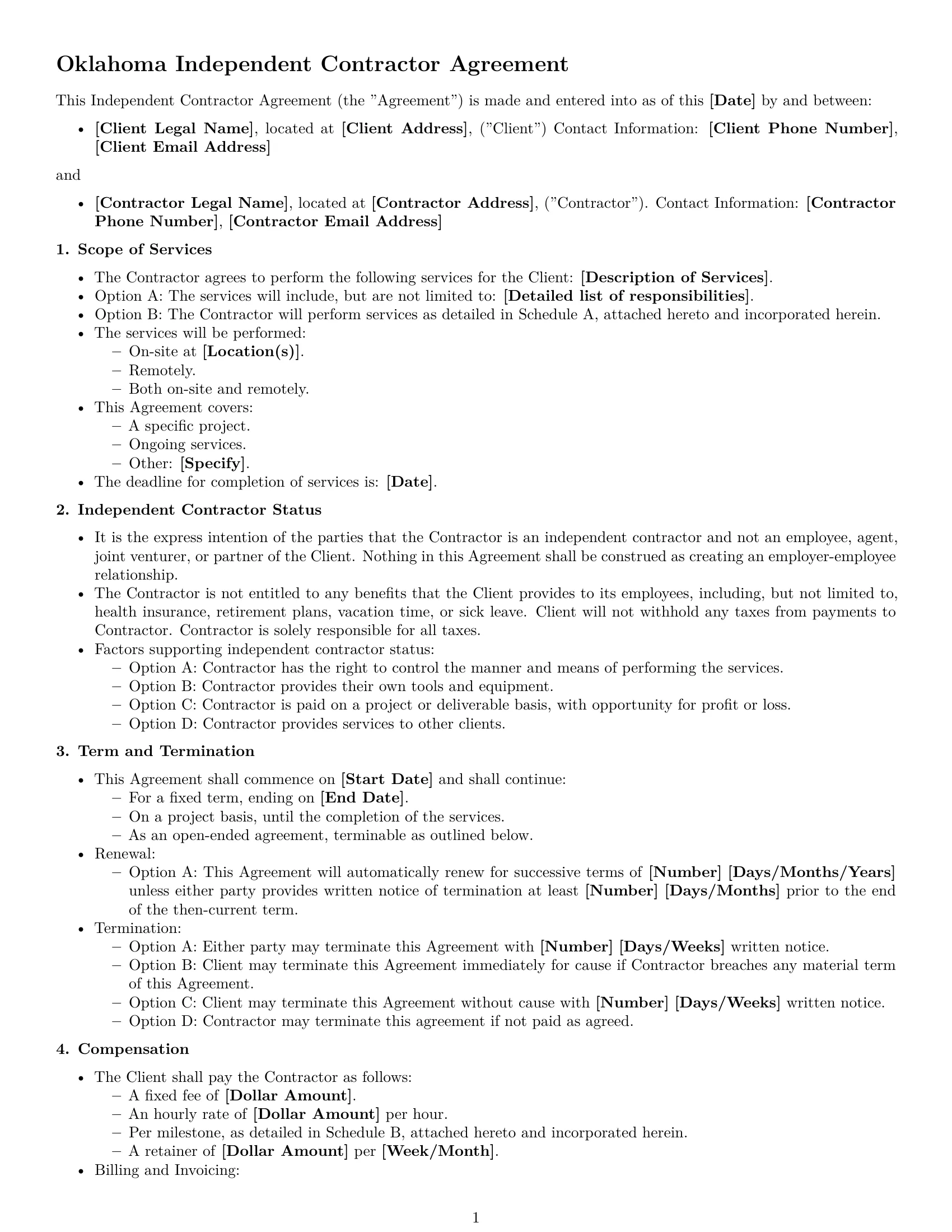 Preview page 1 of Free Oklahoma independent contractor agreement template