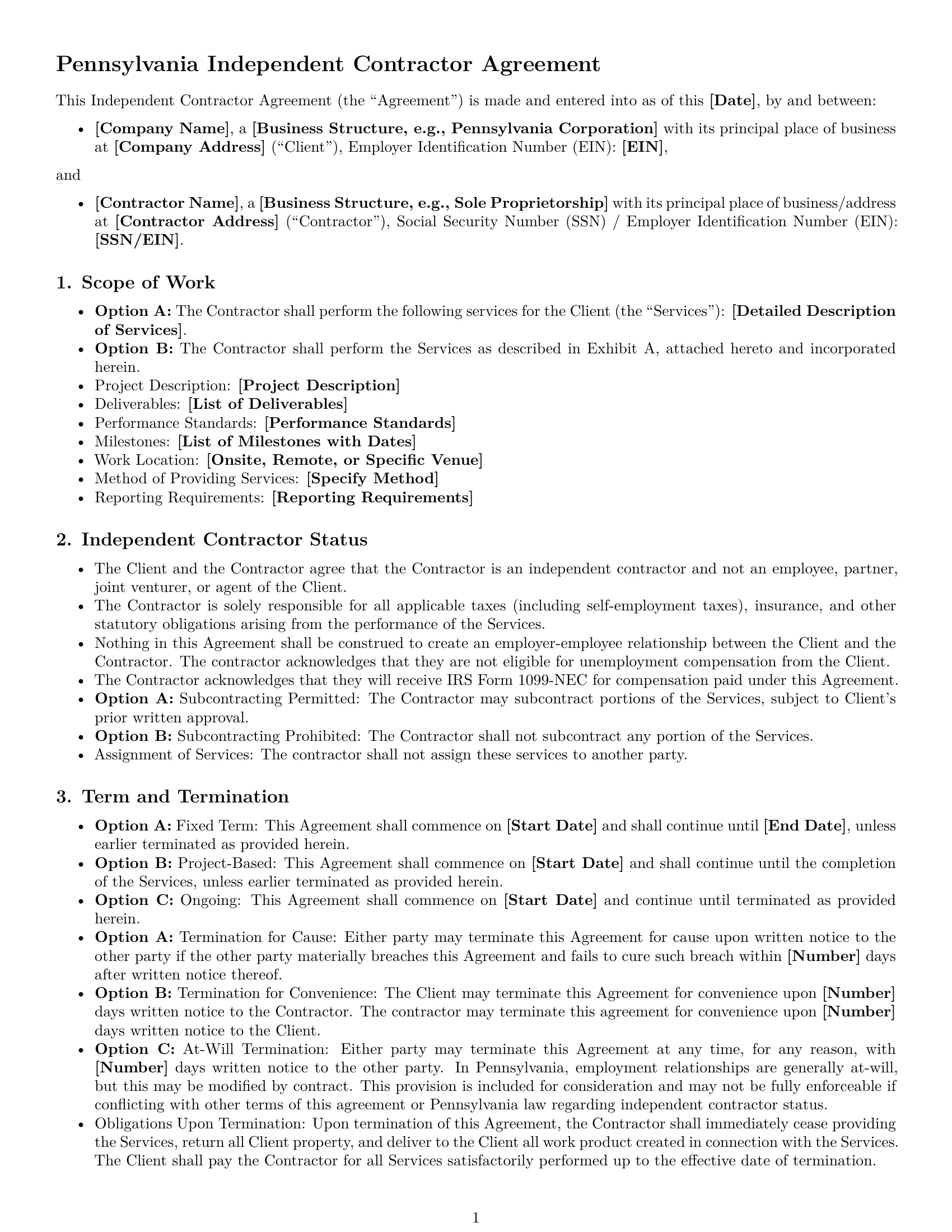 Preview page 1 of Free Pennsylvania independent contractor agreement template