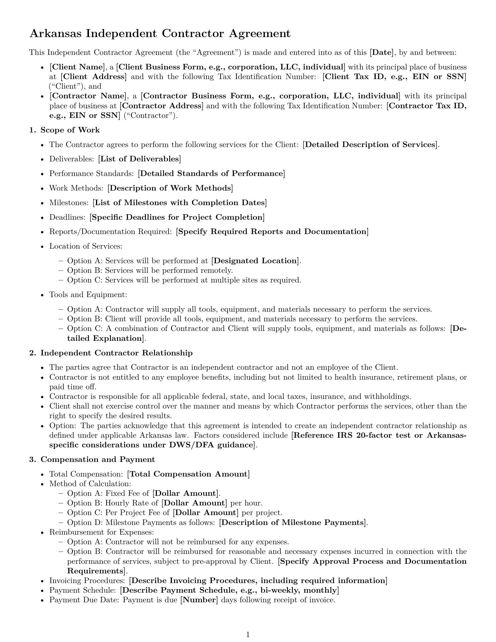 Preview page 1 of Free Arkansas independent contractor agreement template