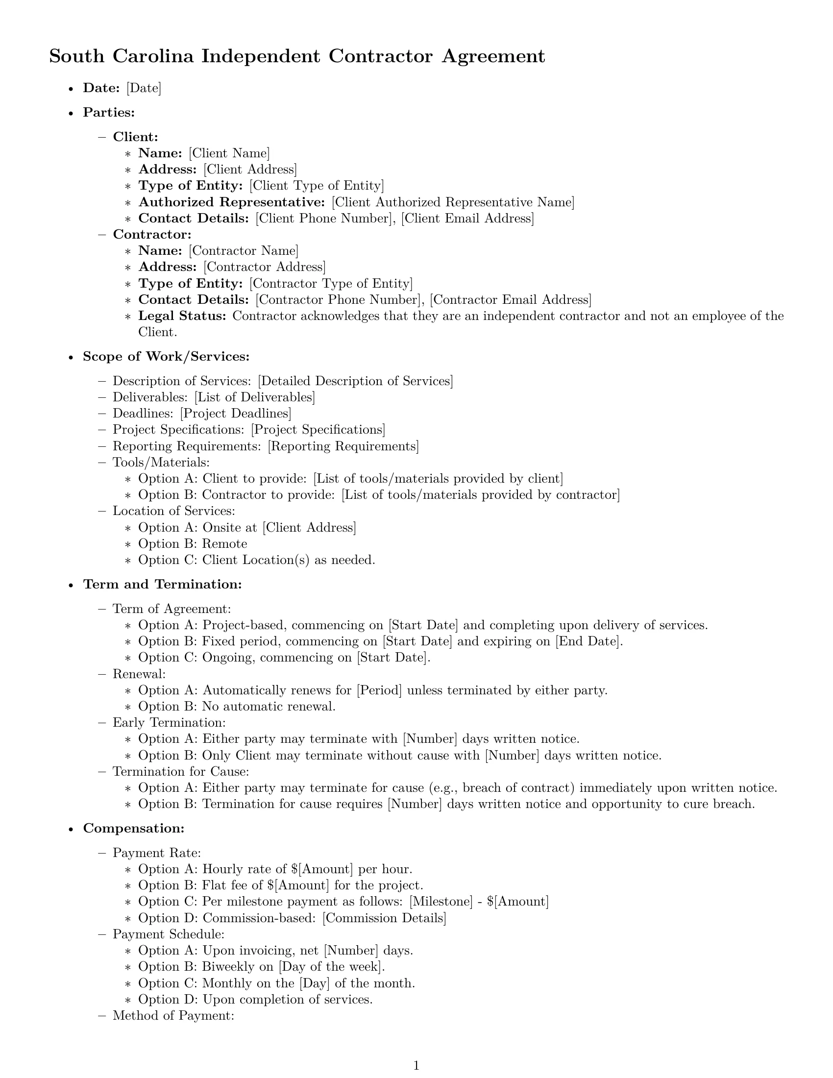 Preview page 1 of Free South Carolina independent contractor agreement template