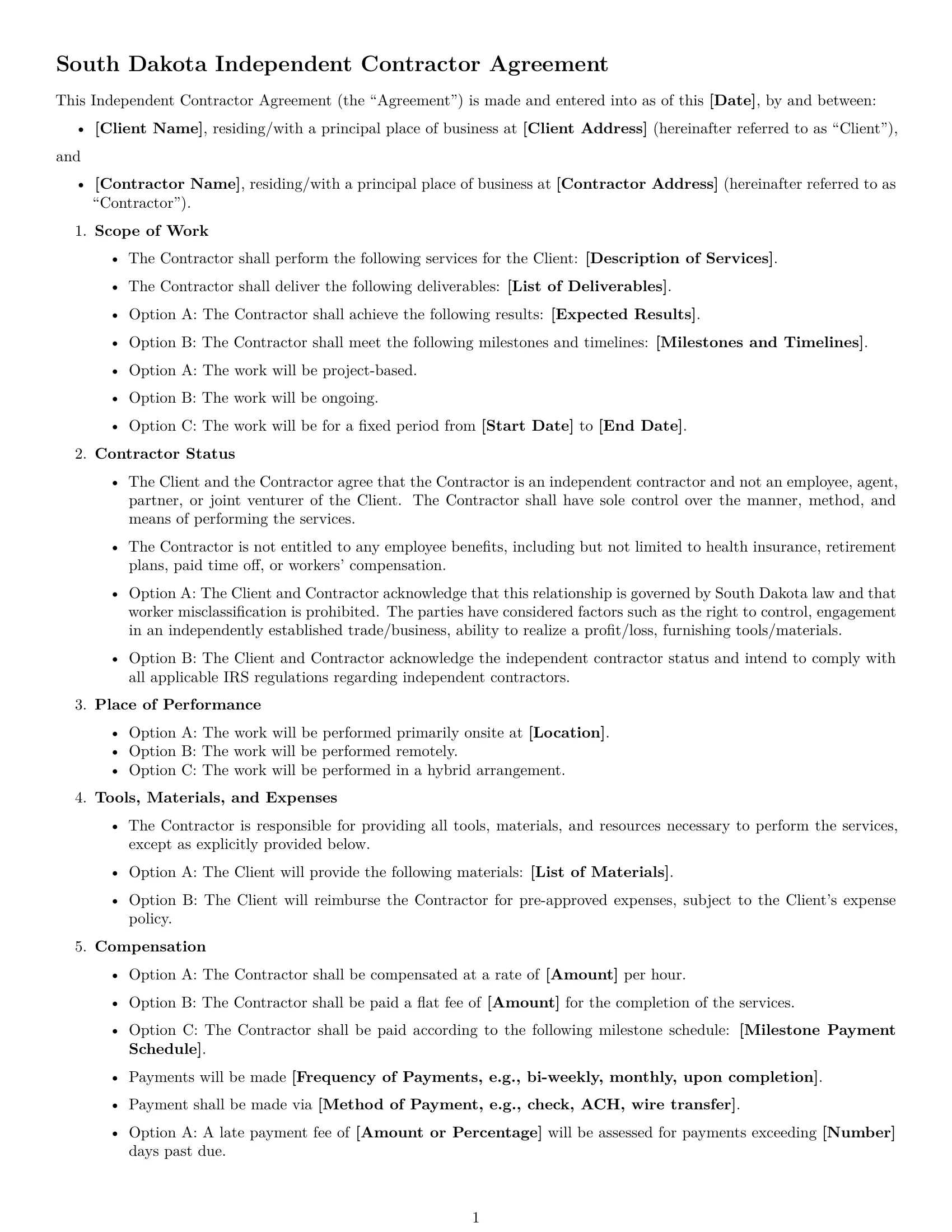 Preview page 1 of Free South Dakota independent contractor agreement template