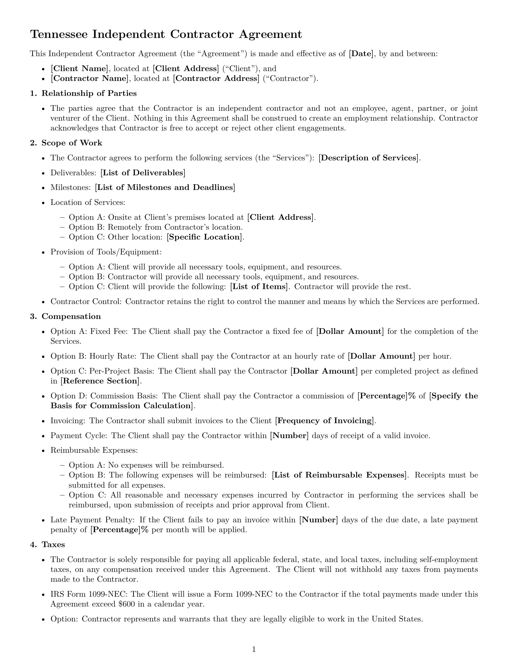 Preview page 1 of Free Tennessee independent contractor agreement template