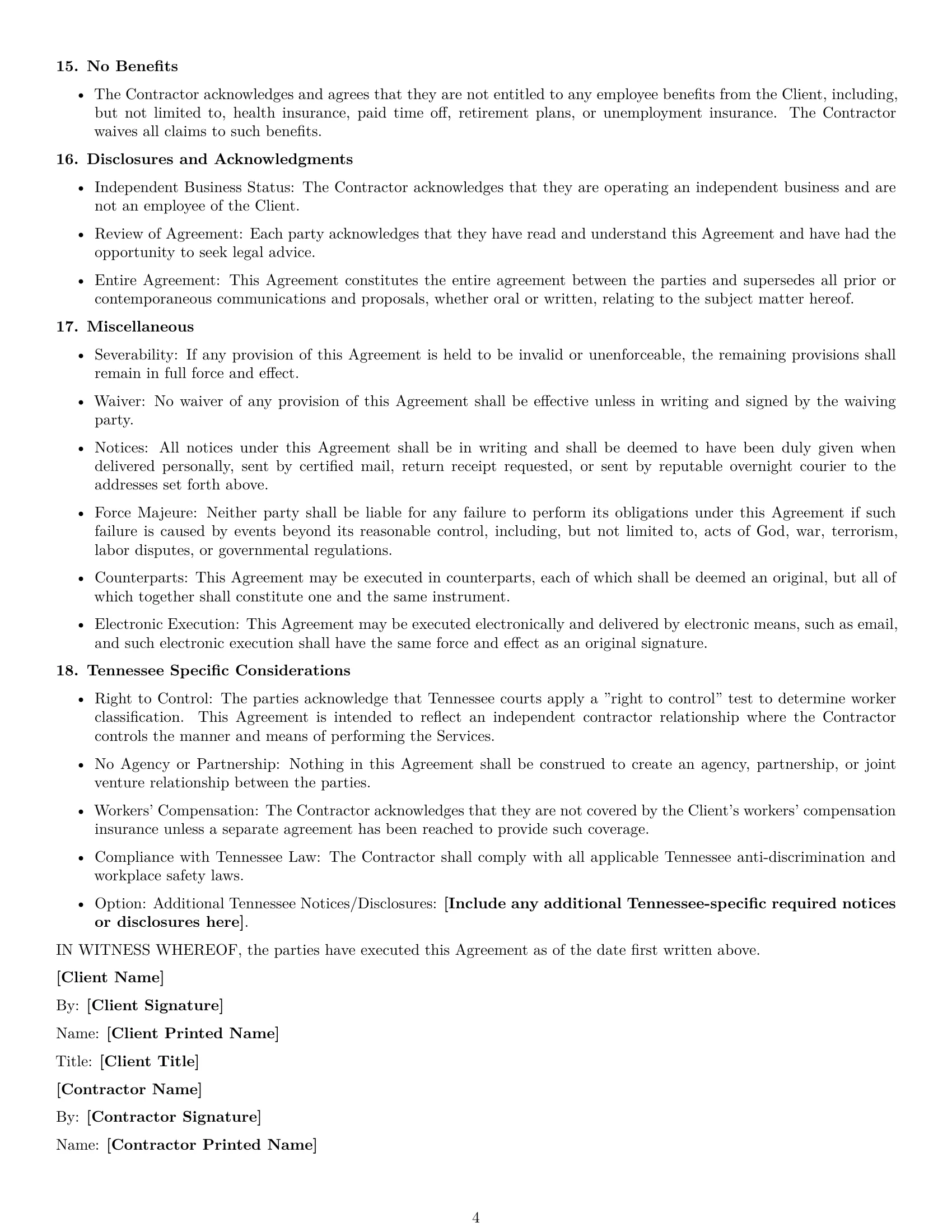 Preview page 4 of Free Tennessee independent contractor agreement template