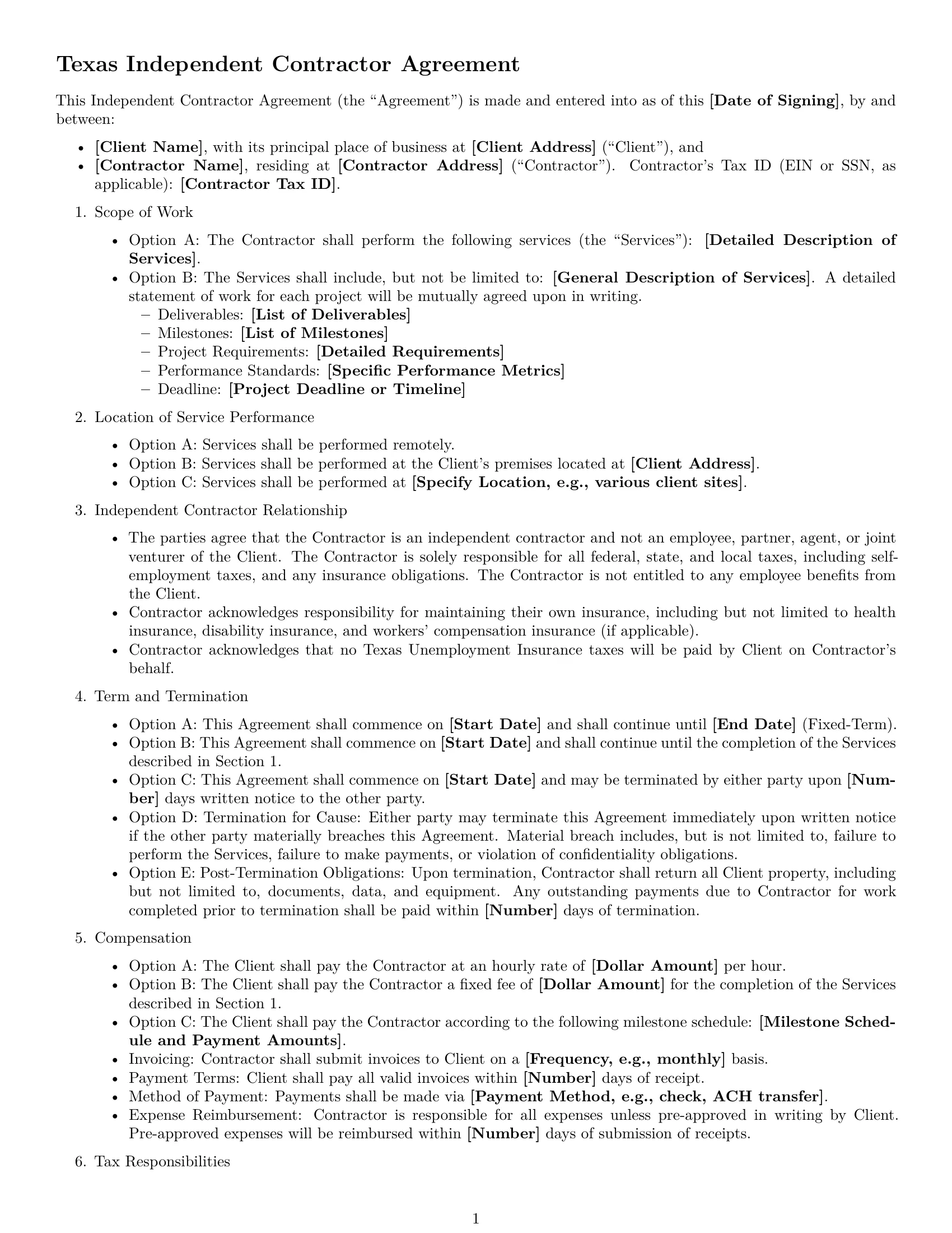 Preview page 1 of Free Texas independent contractor agreement template