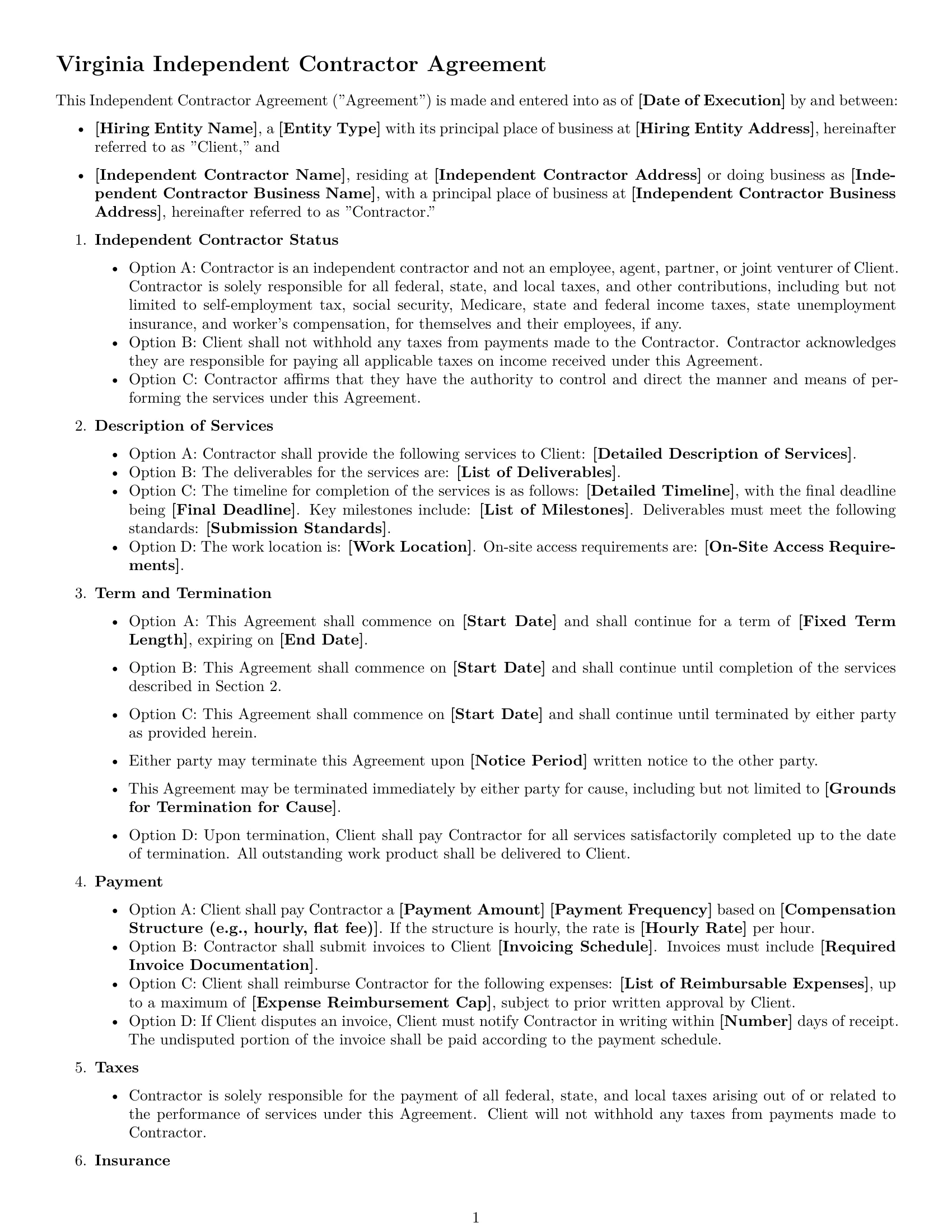 Preview page 1 of Free Virginia independent contractor agreement template
