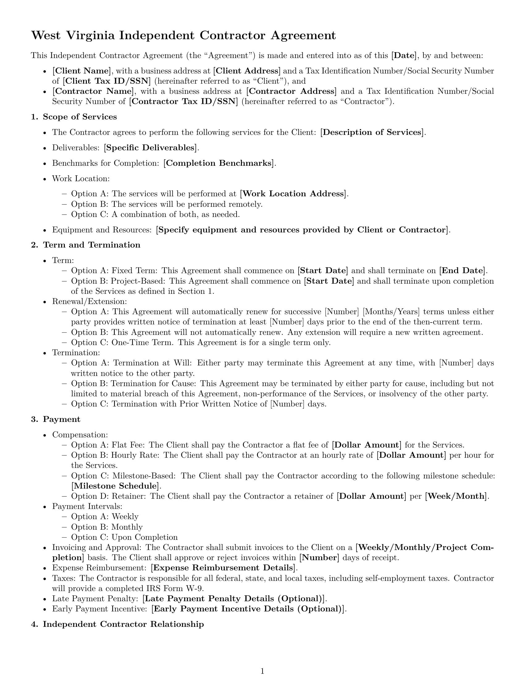 Preview page 1 of Free West Virginia independent contractor agreement template