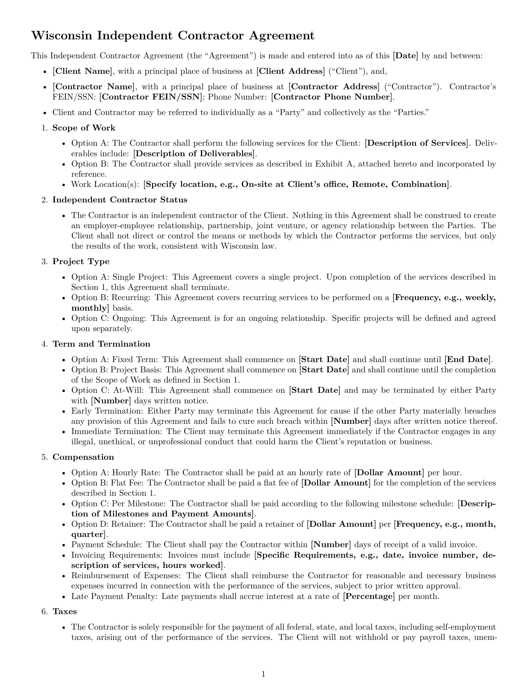 Preview page 1 of Free Wisconsin independent contractor agreement template