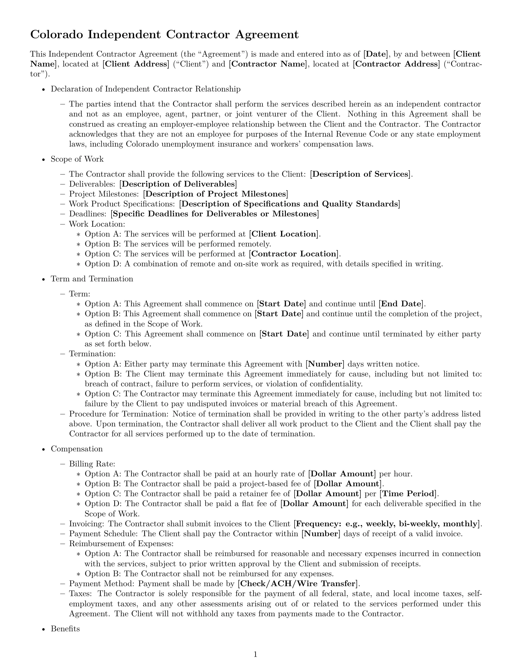 Preview page 1 of Free Colorado independent contractor agreement template