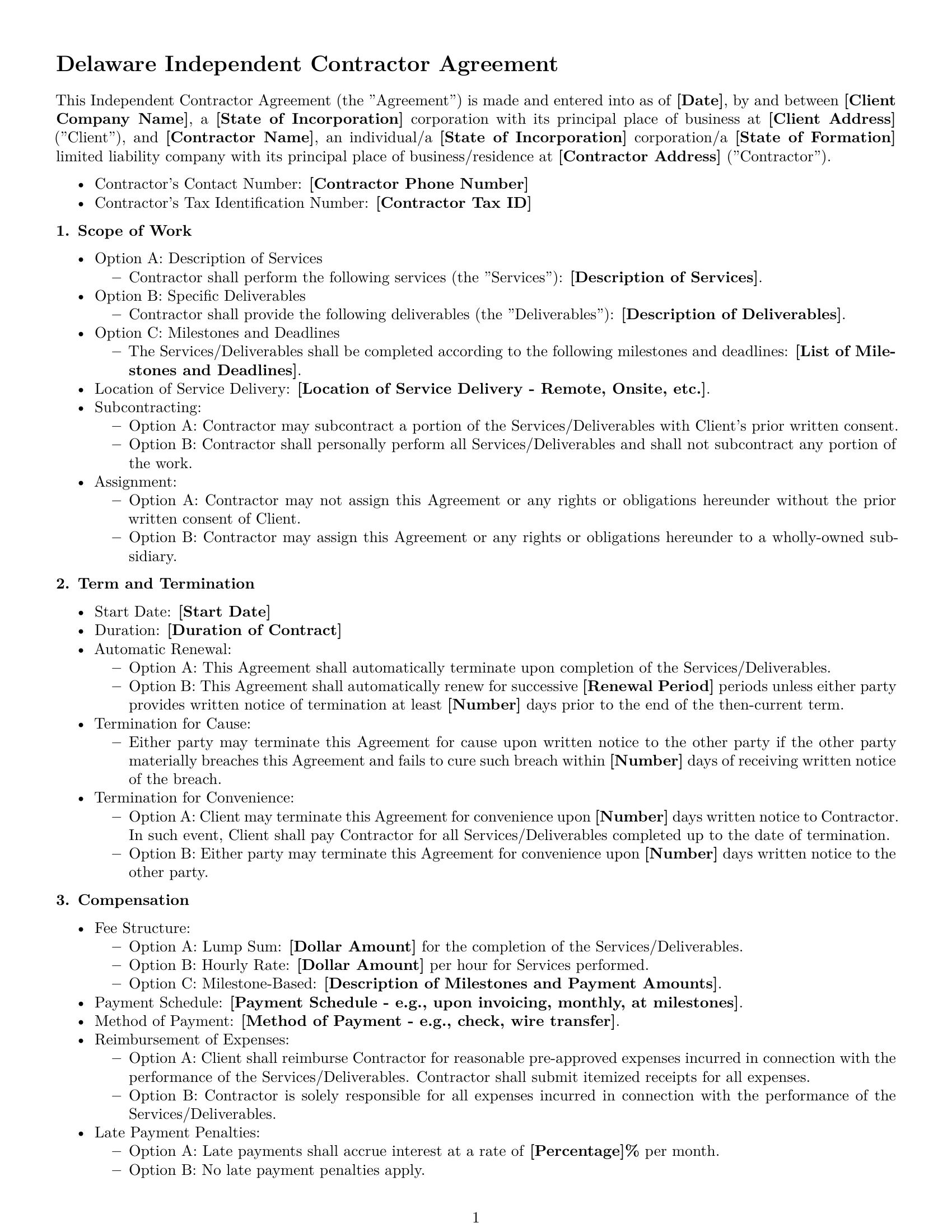 Preview page 1 of Free Delaware independent contractor agreement template