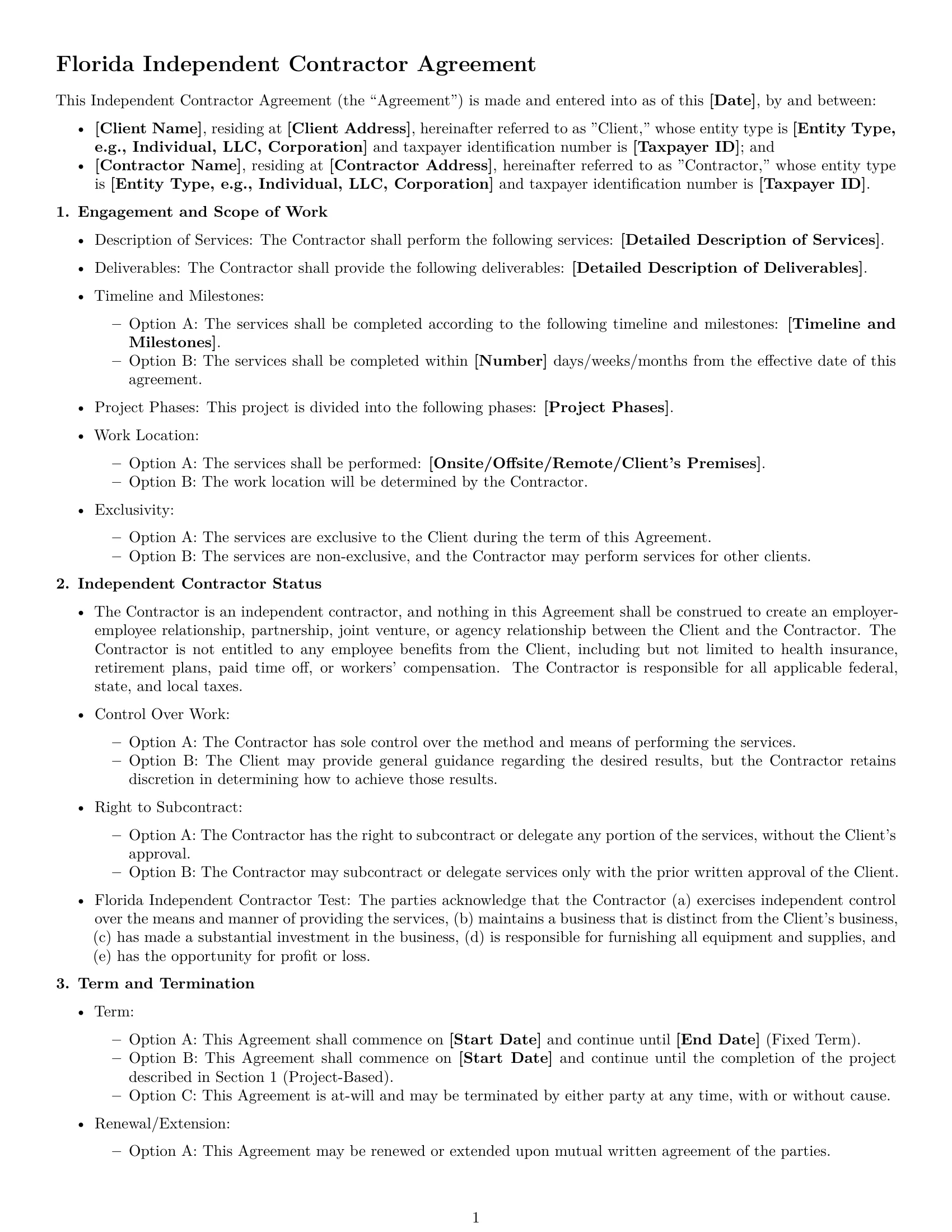 Preview page 1 of Free Florida independent contractor agreement template