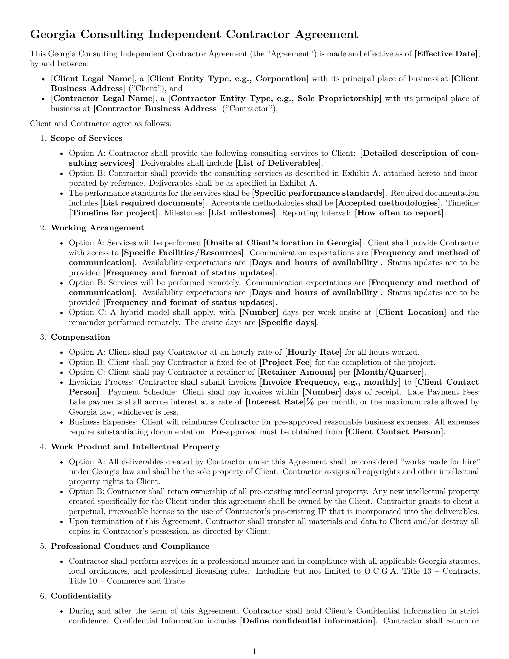 Preview page 1 of Free Georgia consulting independent contractor agreement template