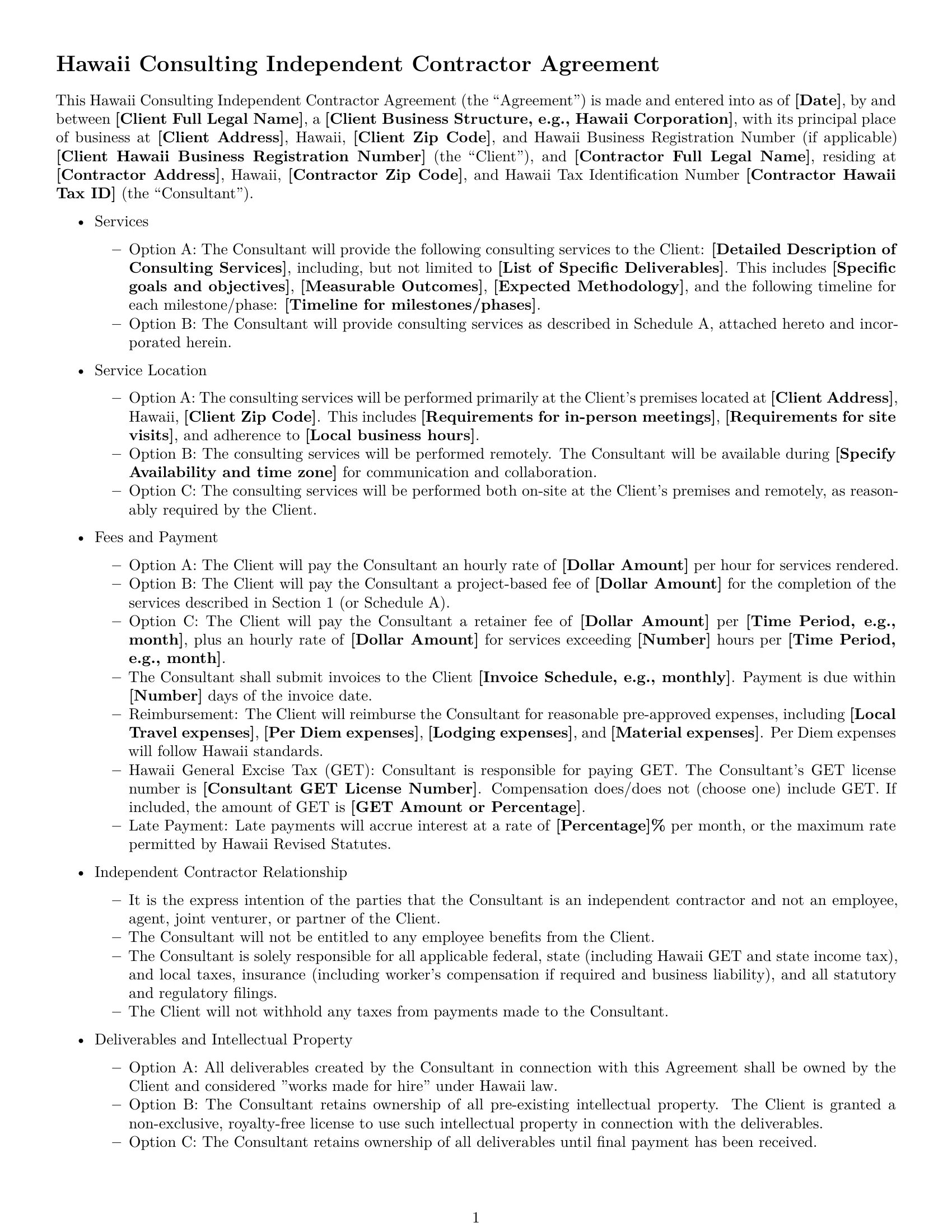 Preview page 1 of Free Hawaii consulting independent contractor agreement template
