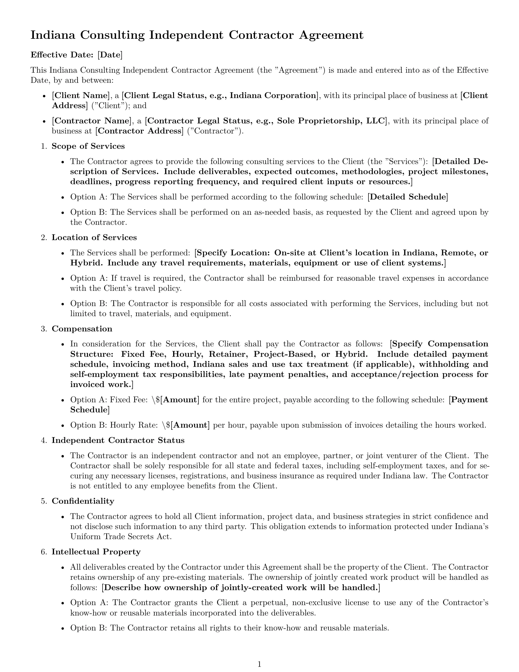 Preview page 1 of Free Indiana consulting independent contractor agreement template