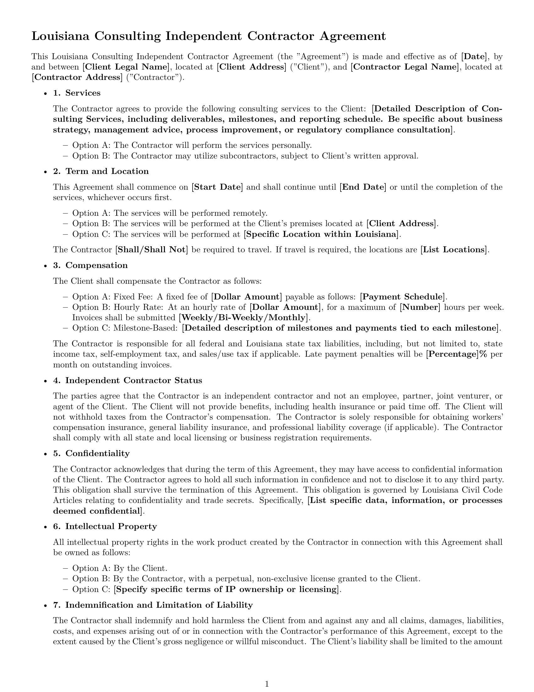 Preview page 1 of Free Louisiana consulting independent contractor agreement template