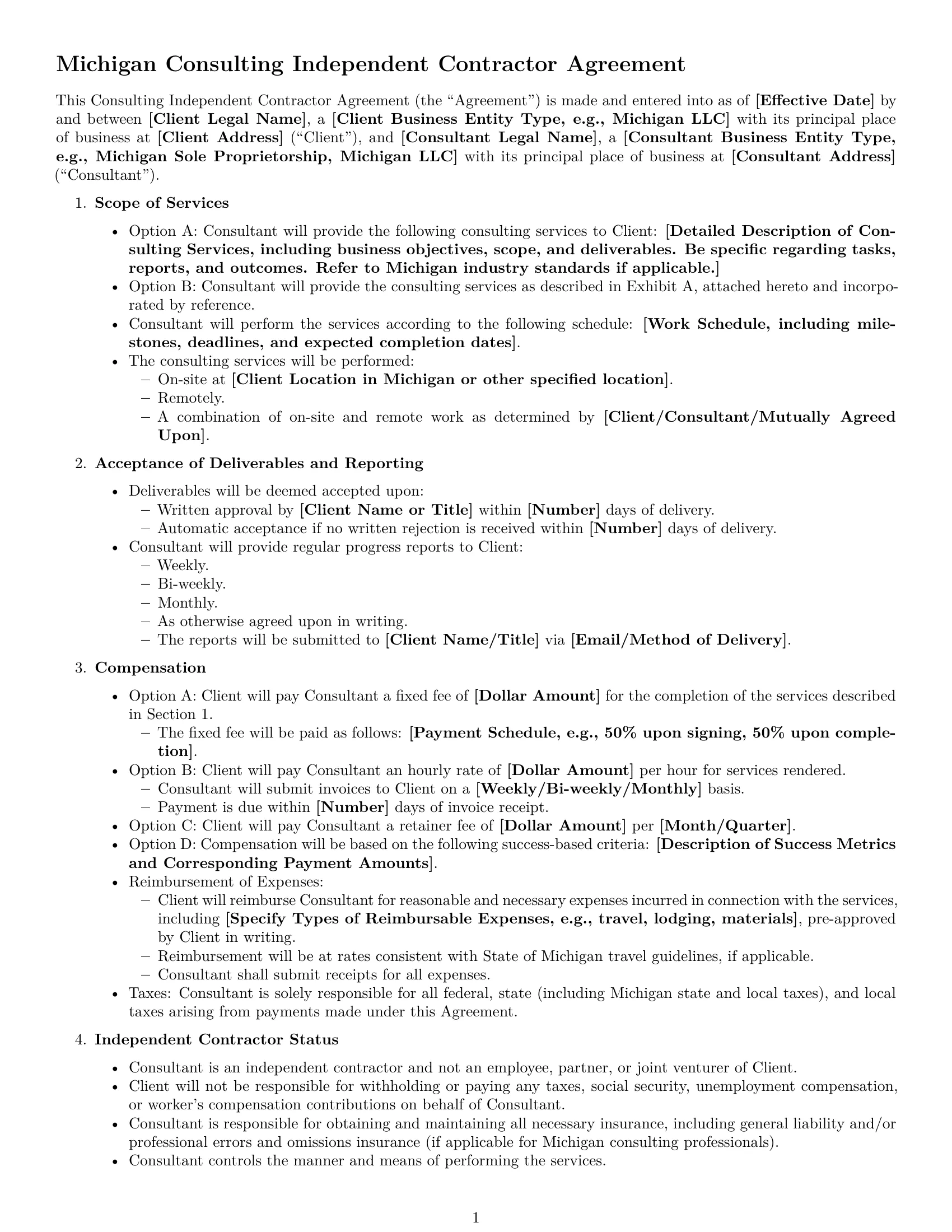 Preview page 1 of Free Michigan consulting independent contractor agreement template
