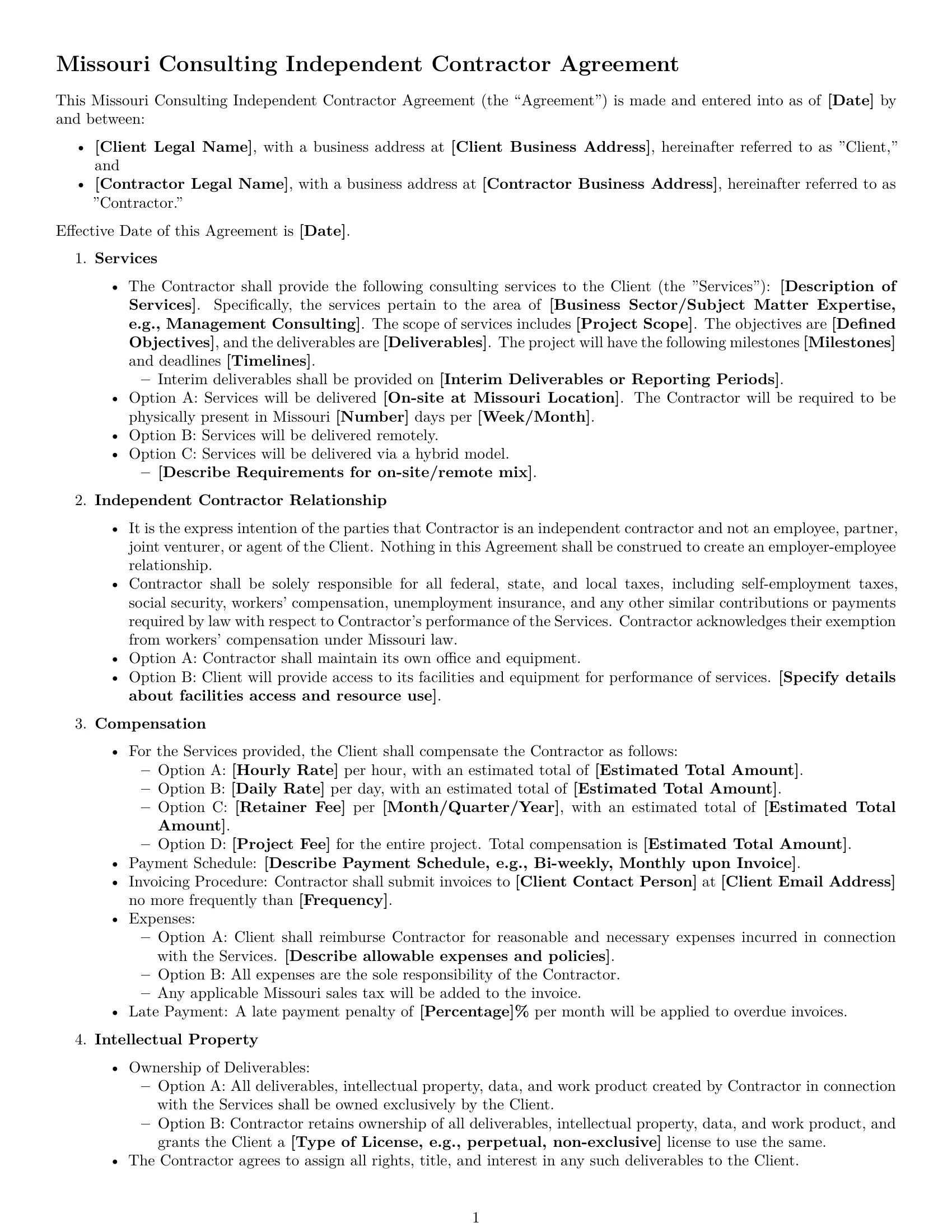 Preview page 1 of Free Missouri consulting independent contractor agreement template