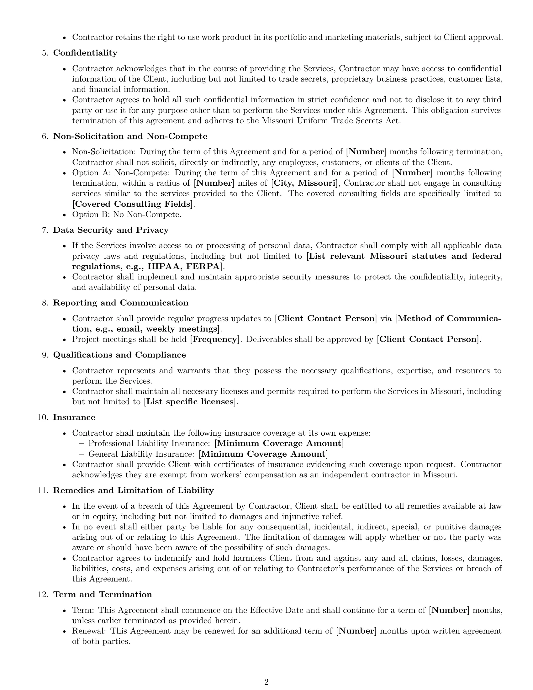 Preview page 2 of Free Missouri consulting independent contractor agreement template