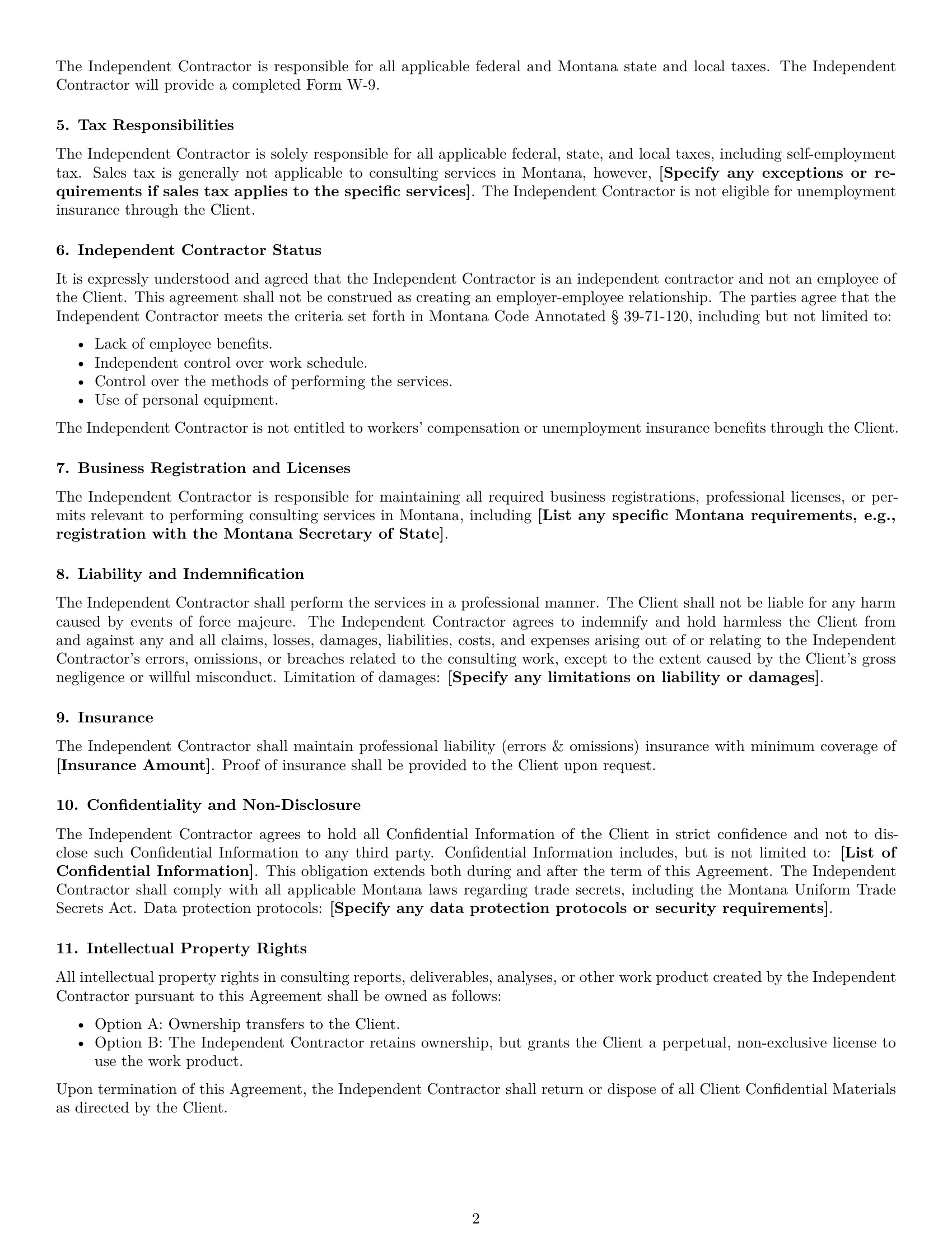 Preview page 2 of Free Montana consulting independent contractor agreement template