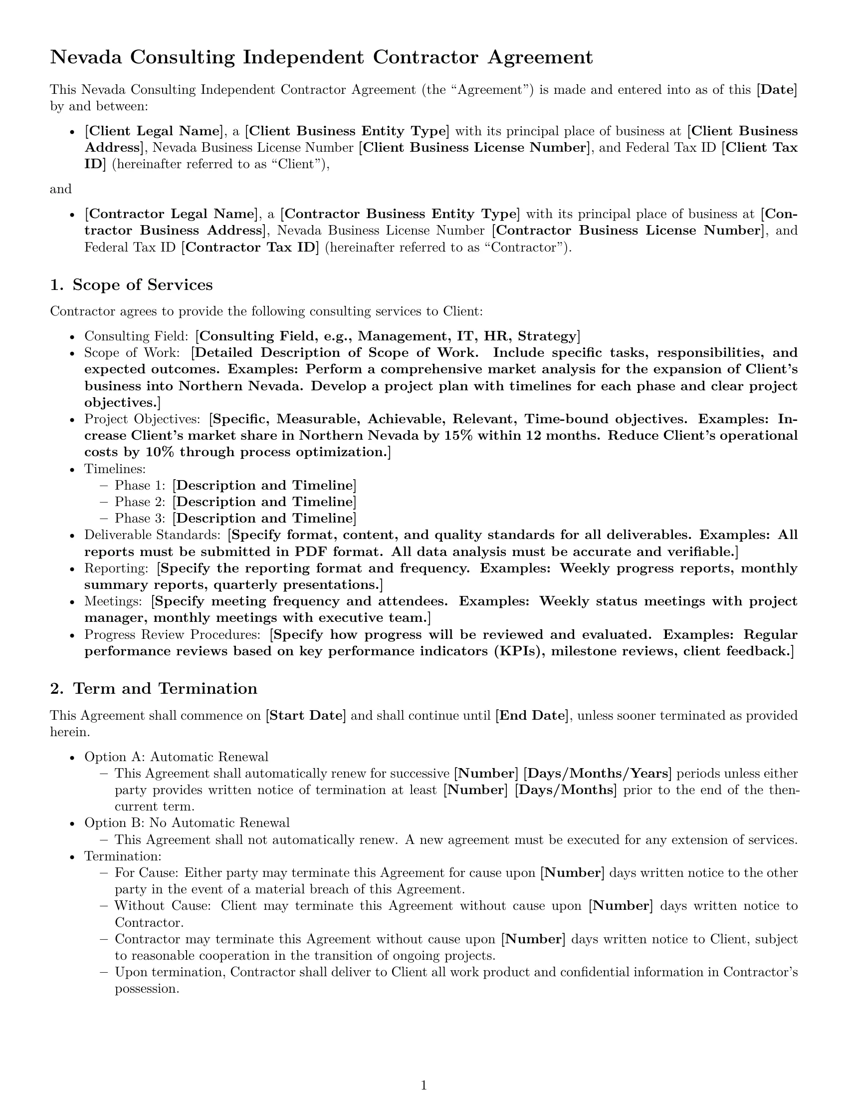 Preview page 1 of Free Nevada consulting independent contractor agreement template