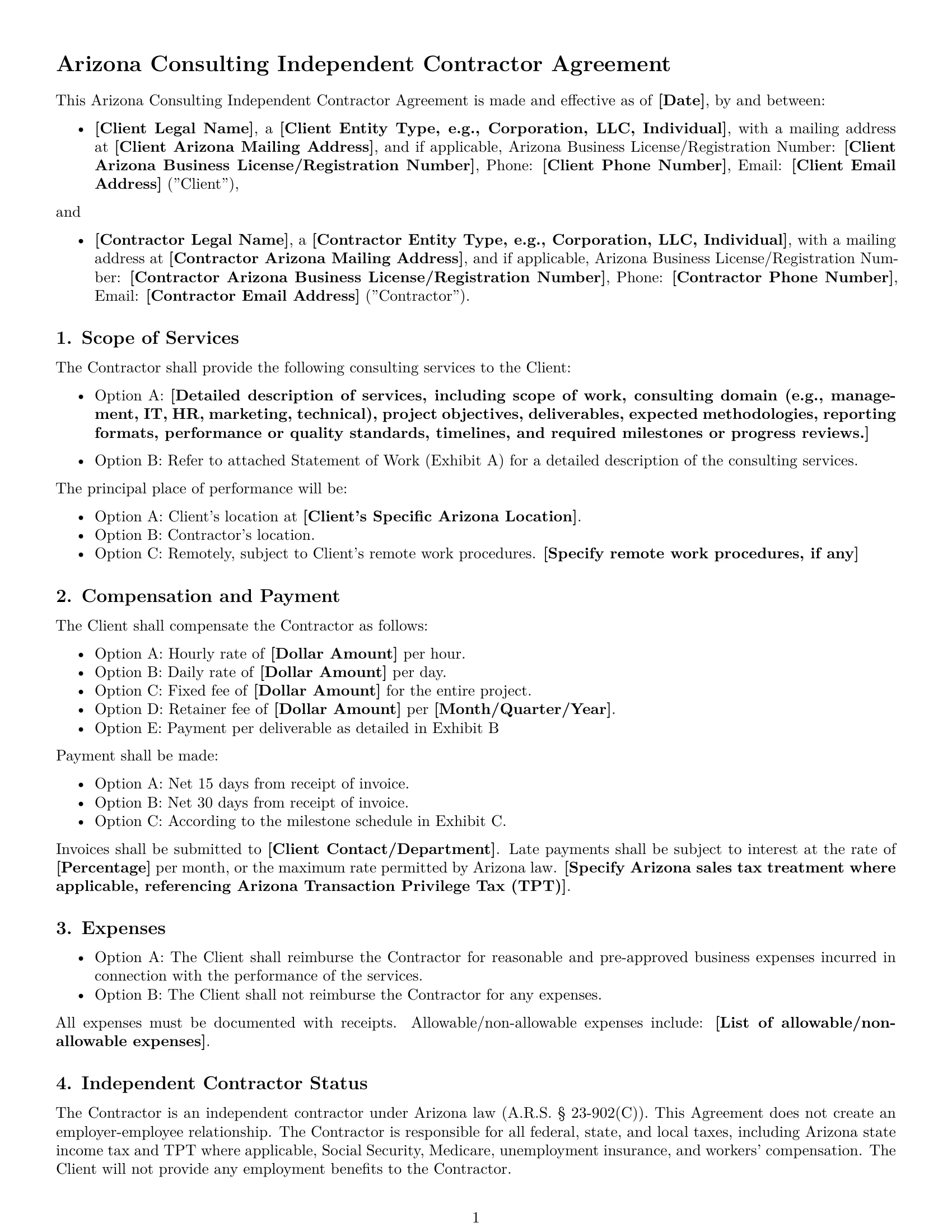 Preview page 1 of Free Arizona consulting independent contractor agreement template