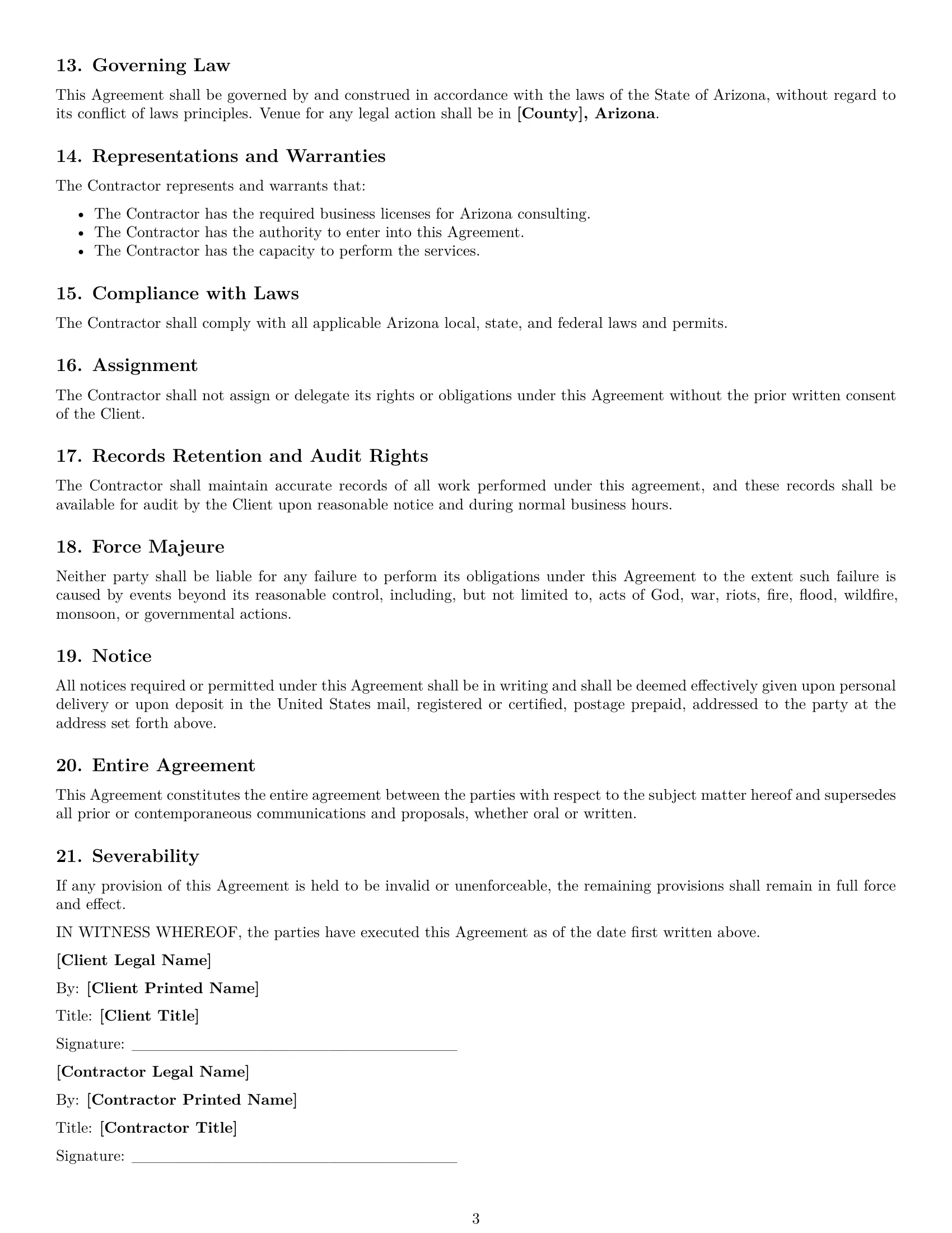 Preview page 3 of Free Arizona consulting independent contractor agreement template