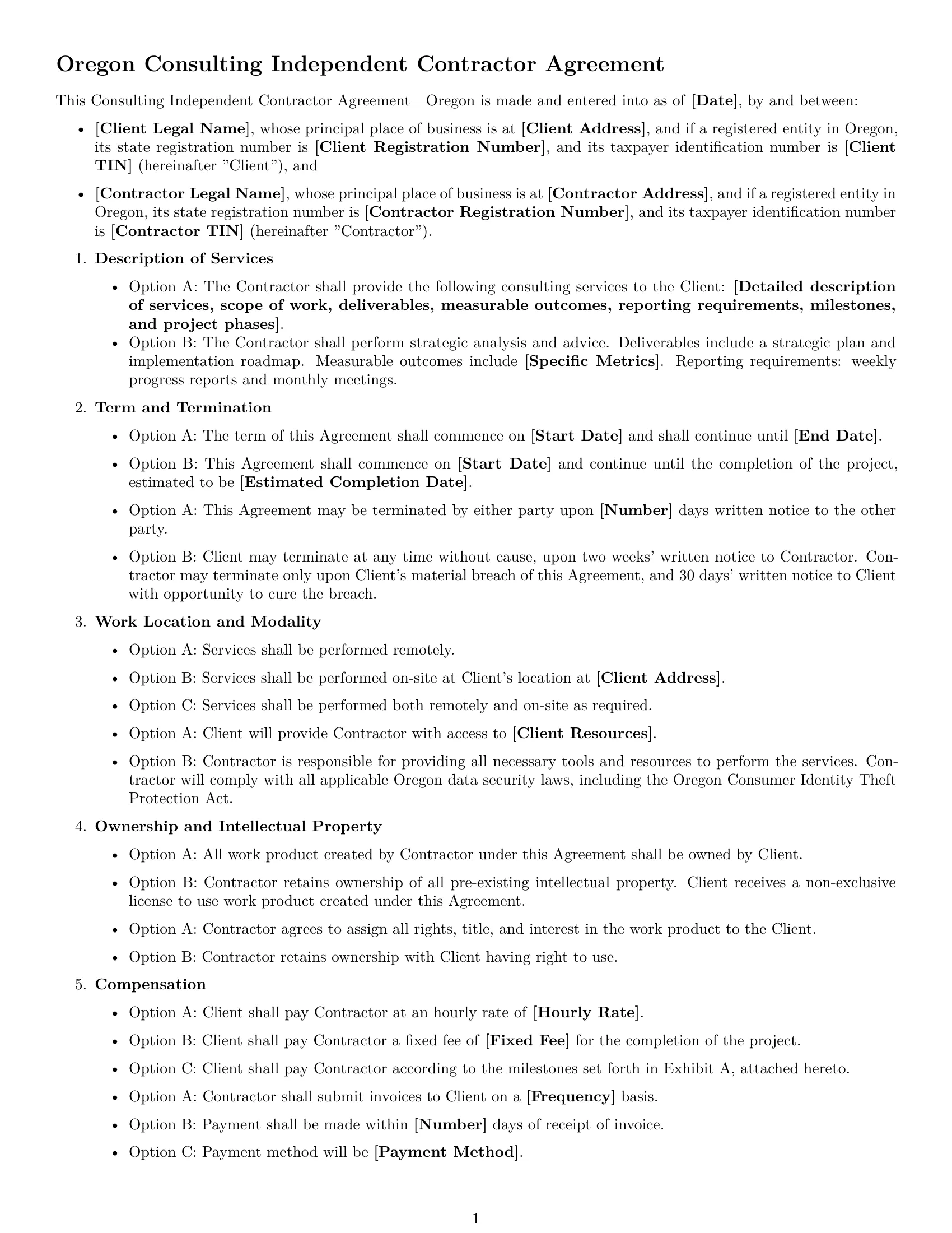 Preview page 1 of Free Oregon consulting independent contractor agreement template