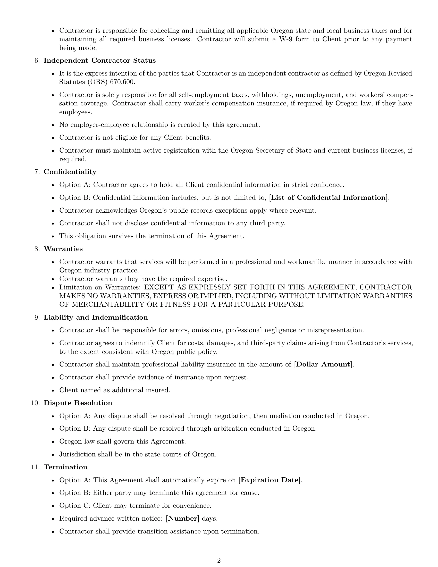 Preview page 2 of Free Oregon consulting independent contractor agreement template