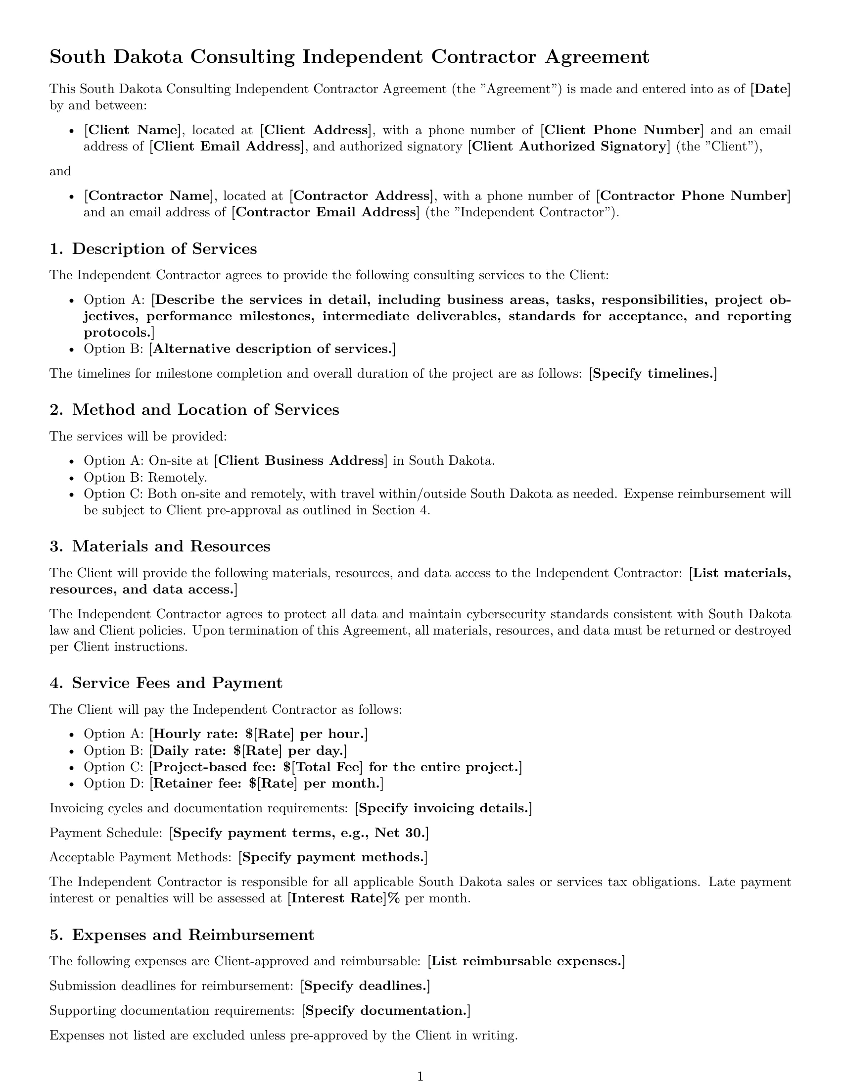 Preview page 1 of Free South Dakota consulting independent contractor agreement template