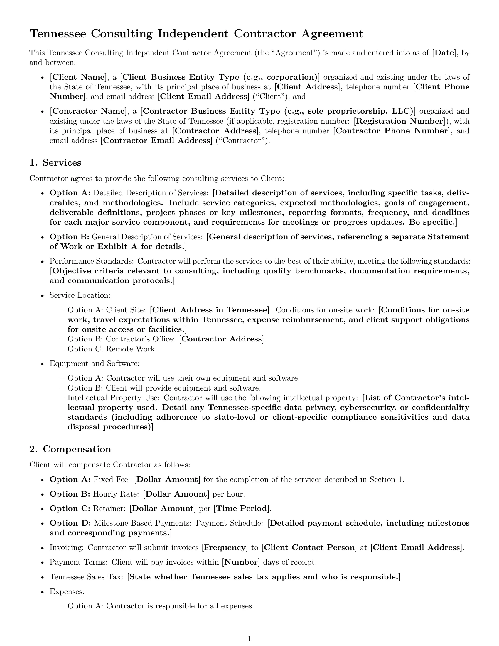 Preview page 1 of Free Tennessee consulting independent contractor agreement template