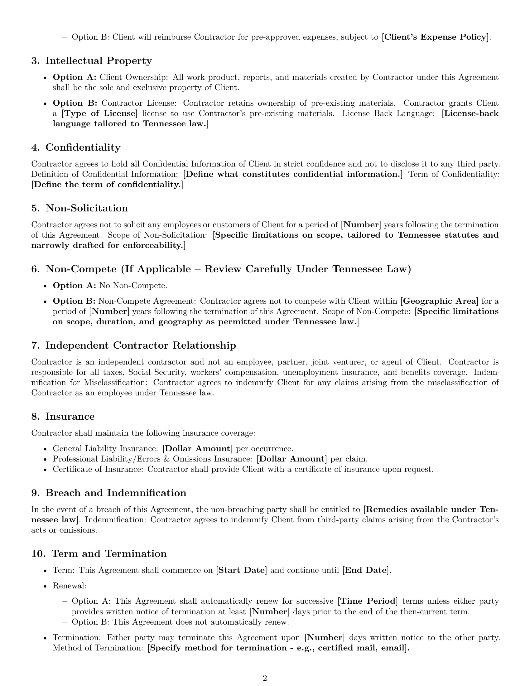 Preview page 2 of Free Tennessee consulting independent contractor agreement template