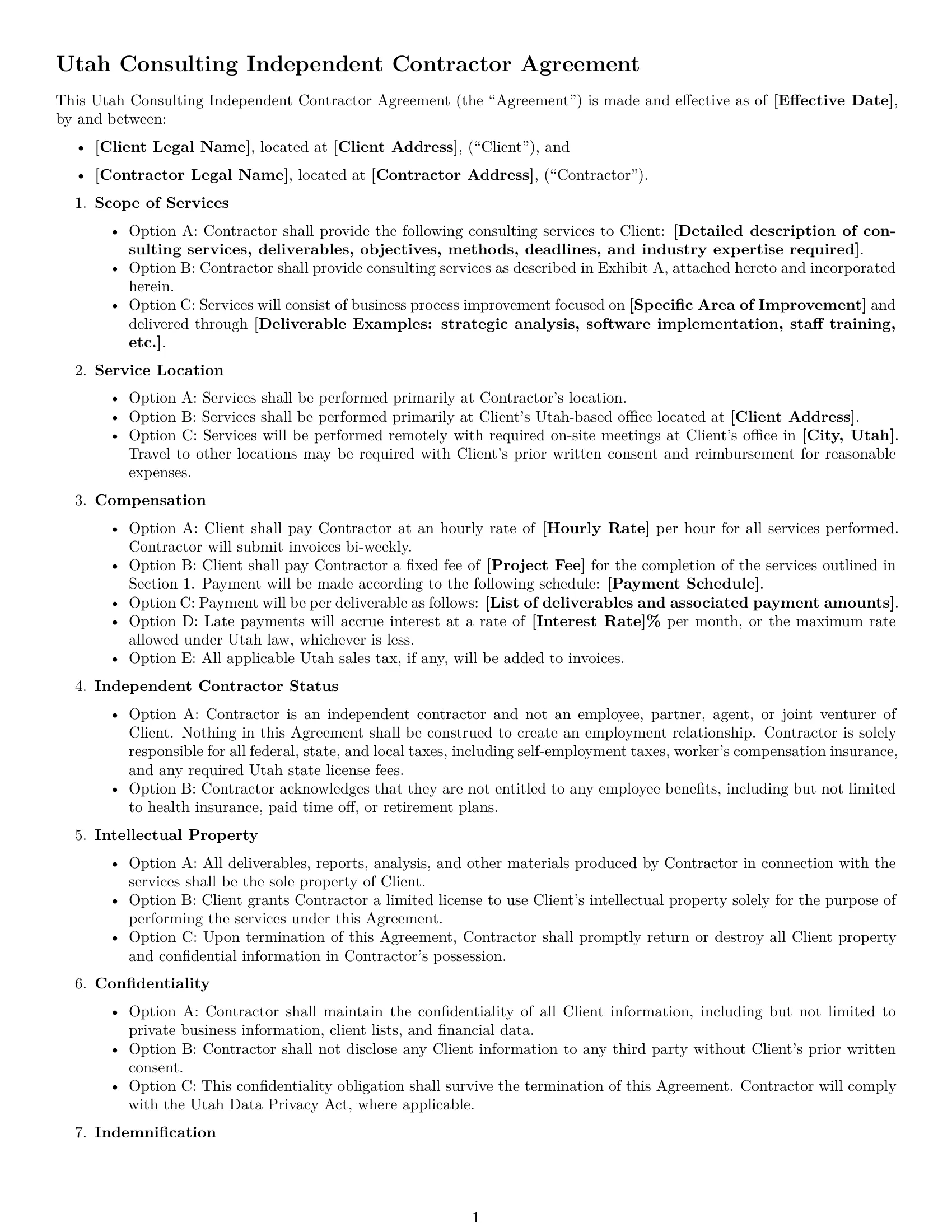Preview page 1 of Free Utah consulting independent contractor agreement template