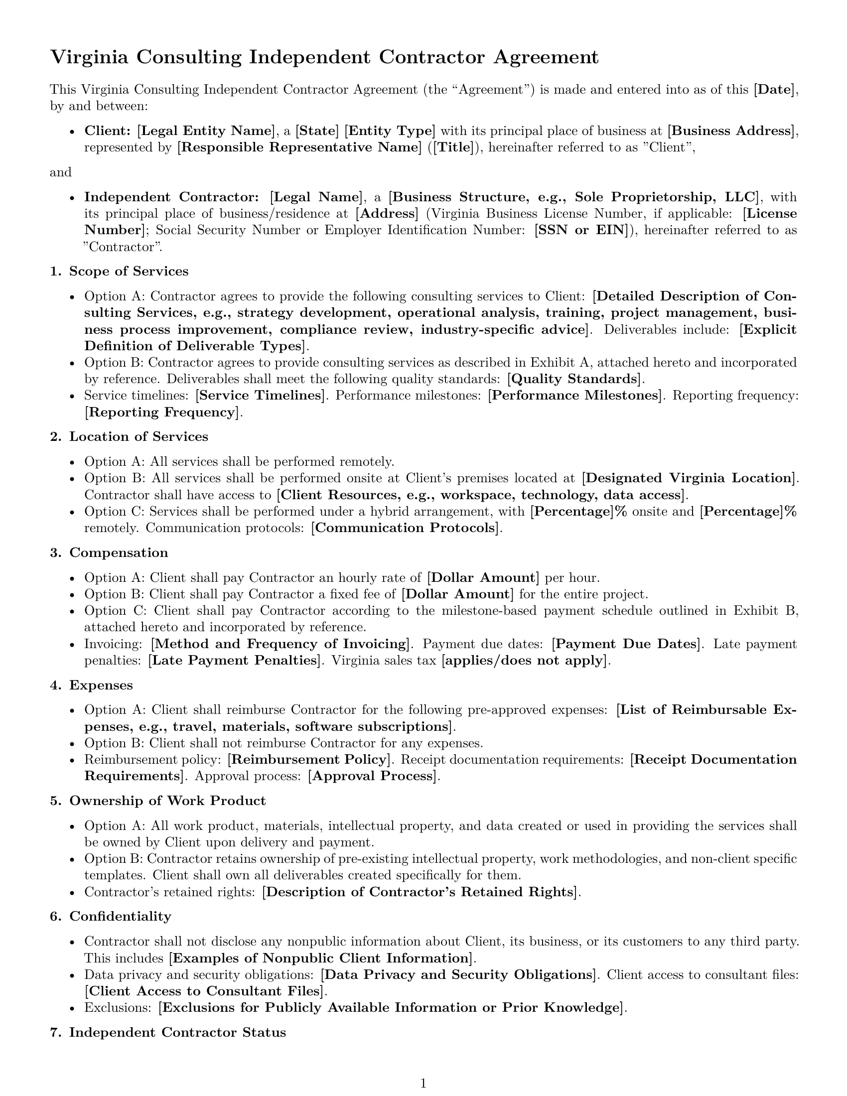 Preview page 1 of Free Virginia consulting independent contractor agreement template