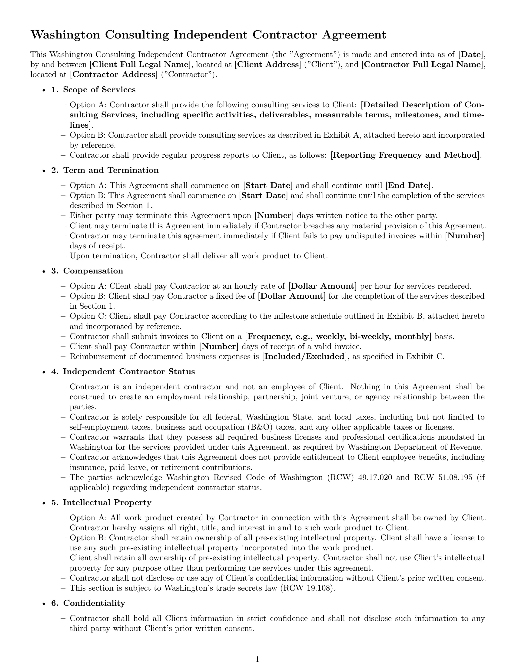 Preview page 1 of Free Washington consulting independent contractor agreement template