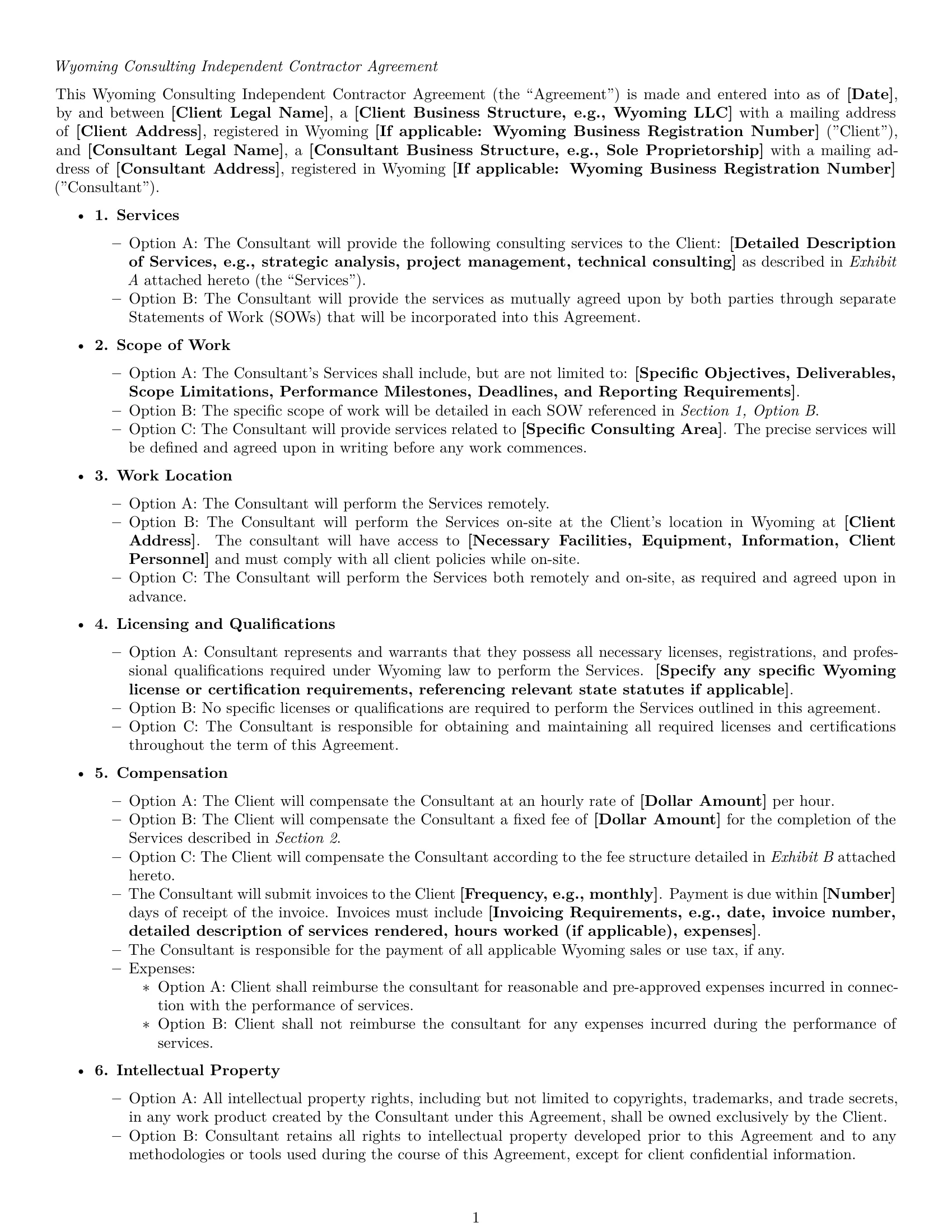 Preview page 1 of Free Wyoming consulting independent contractor agreement template