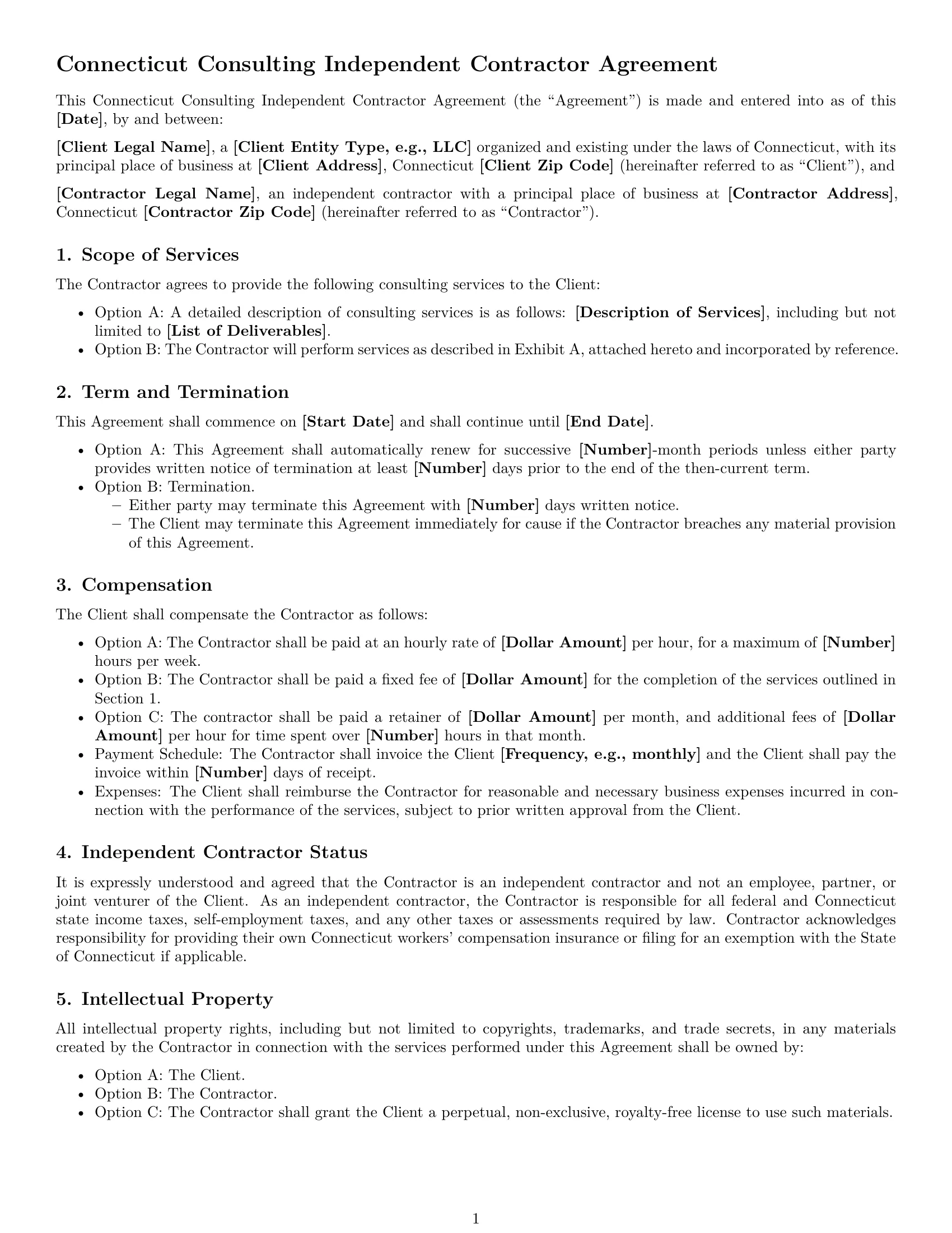 Preview page 1 of Free Connecticut consulting independent contractor agreement template