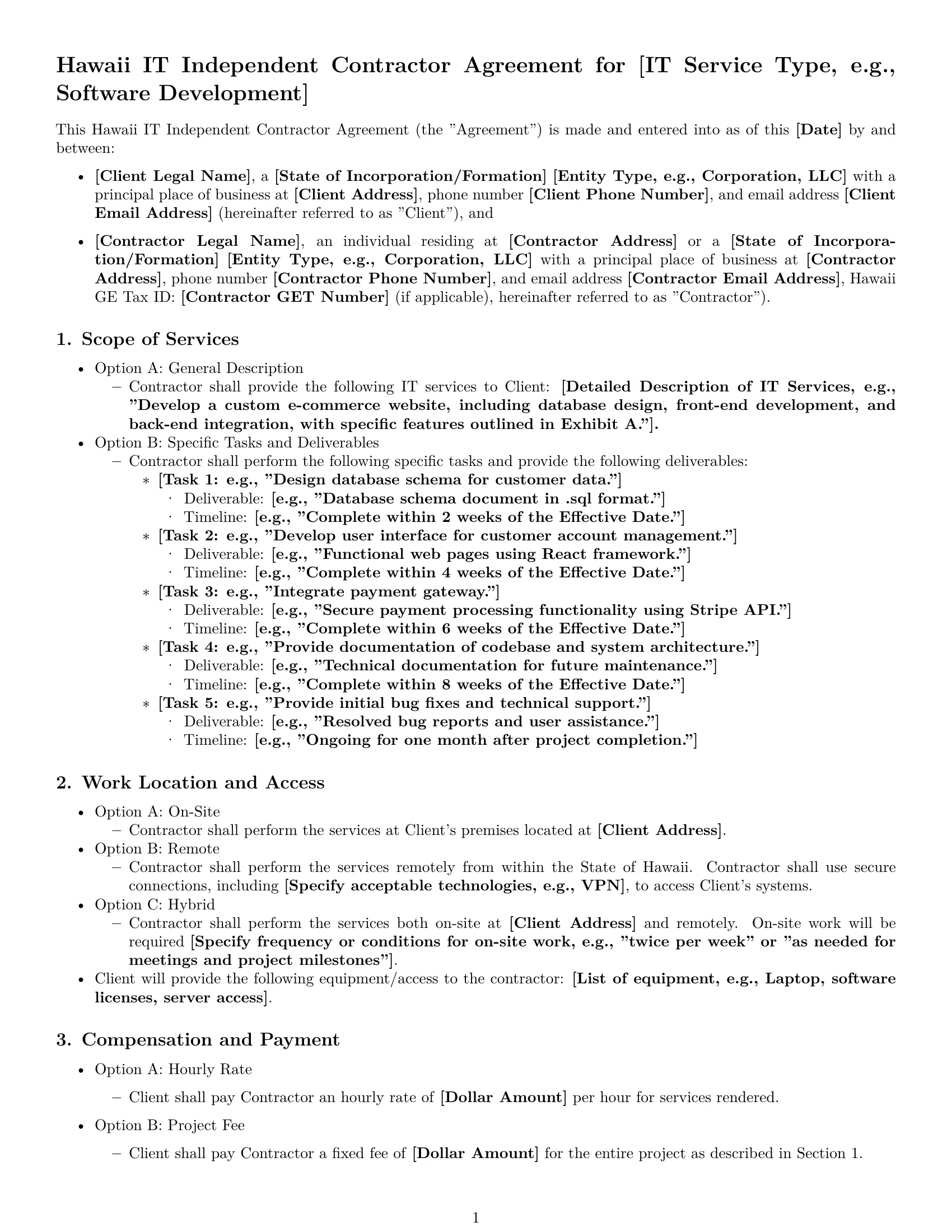Preview page 1 of Free Hawaii IT independent contractor agreement template
