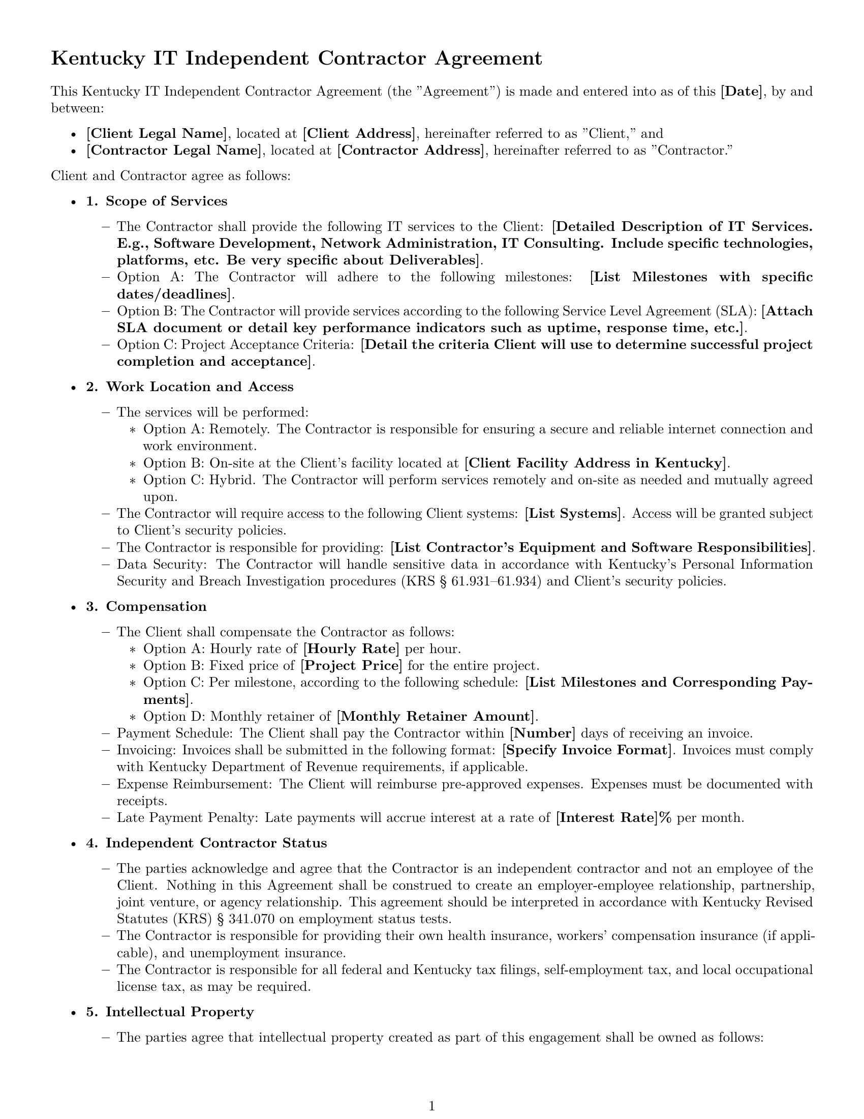 Preview page 1 of Free Kentucky IT independent contractor agreement template