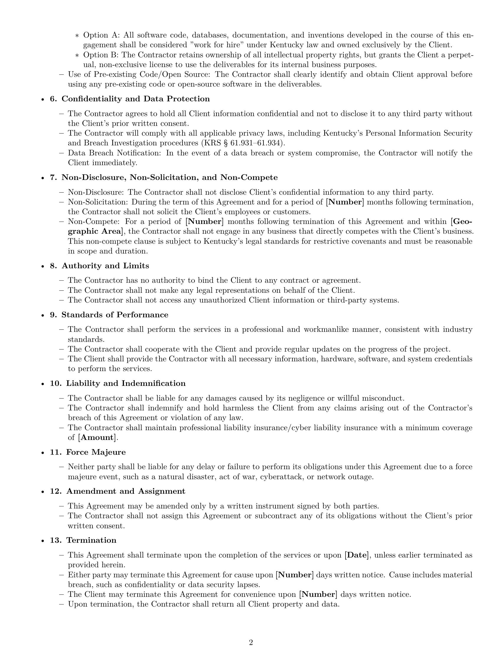 Preview page 2 of Free Kentucky IT independent contractor agreement template