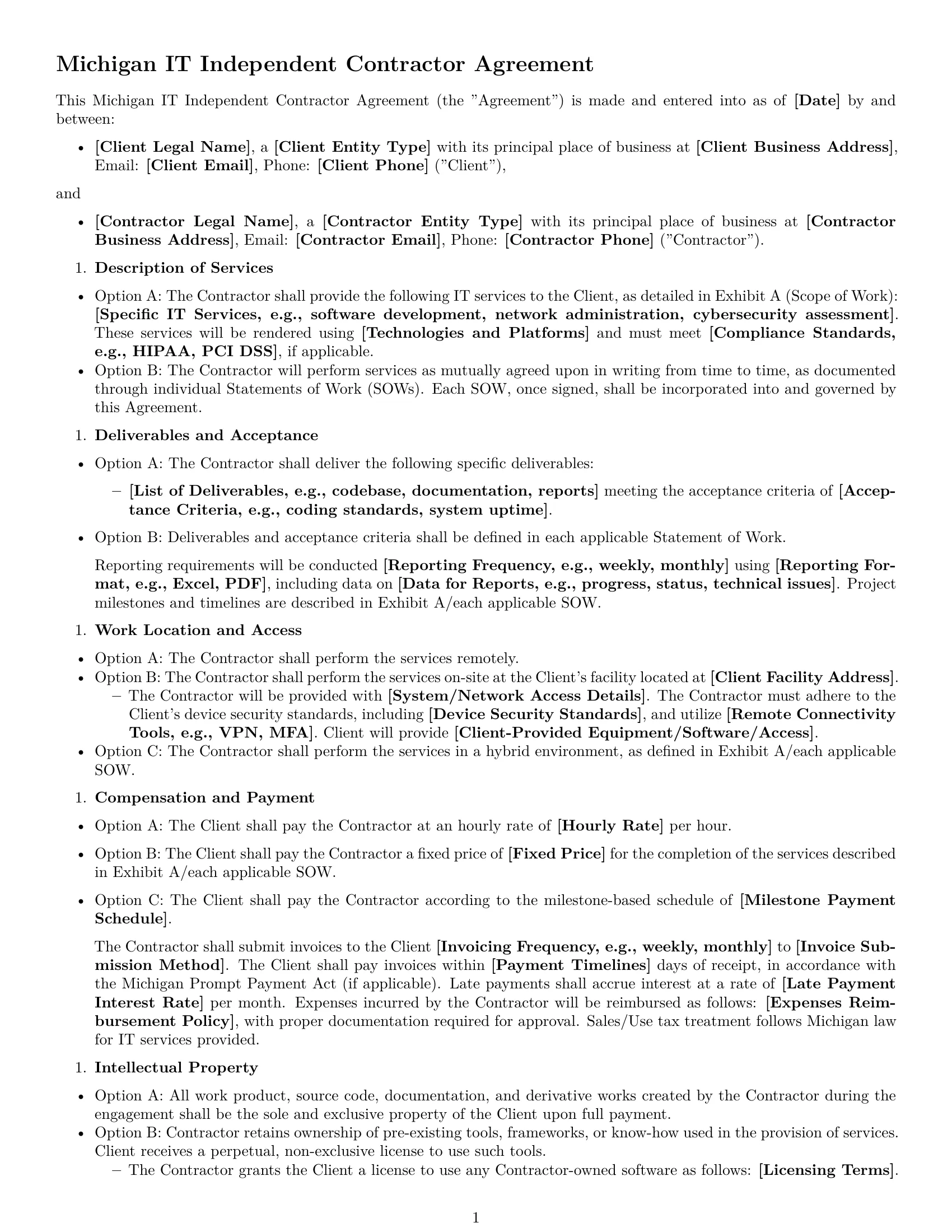 Preview page 1 of Free Michigan IT independent contractor agreement template