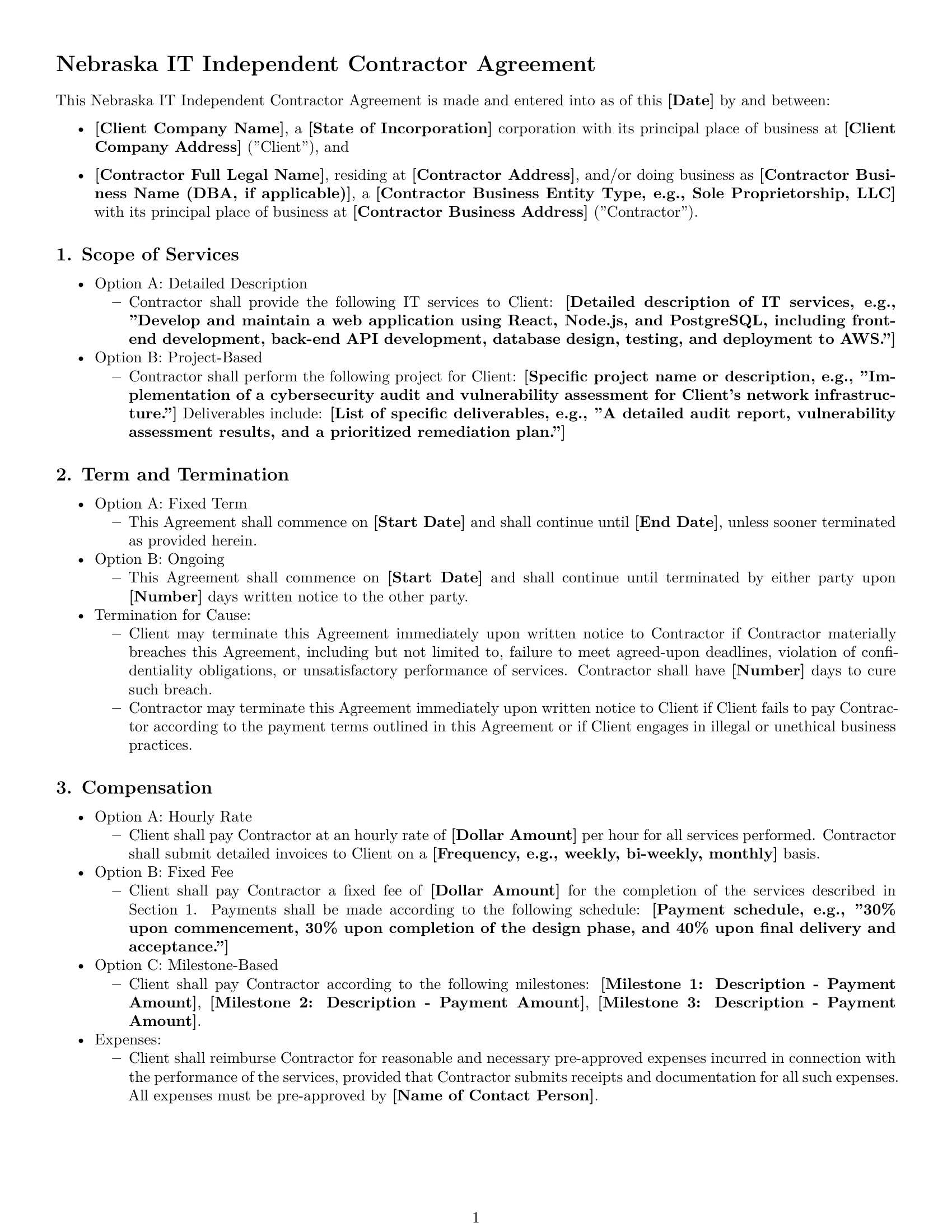 Preview page 1 of Free Nebraska IT independent contractor agreement template