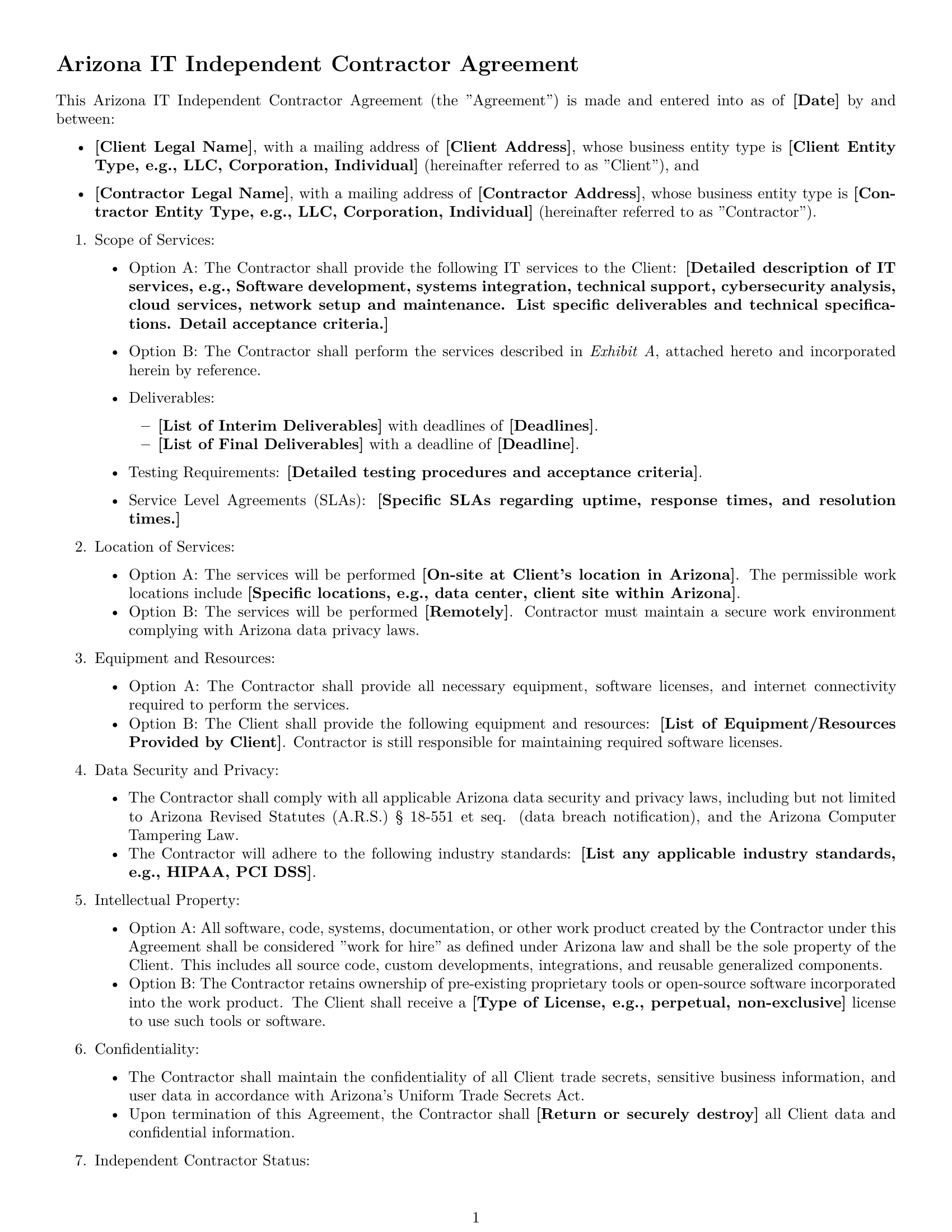 Preview page 1 of Free Arizona IT independent contractor agreement template