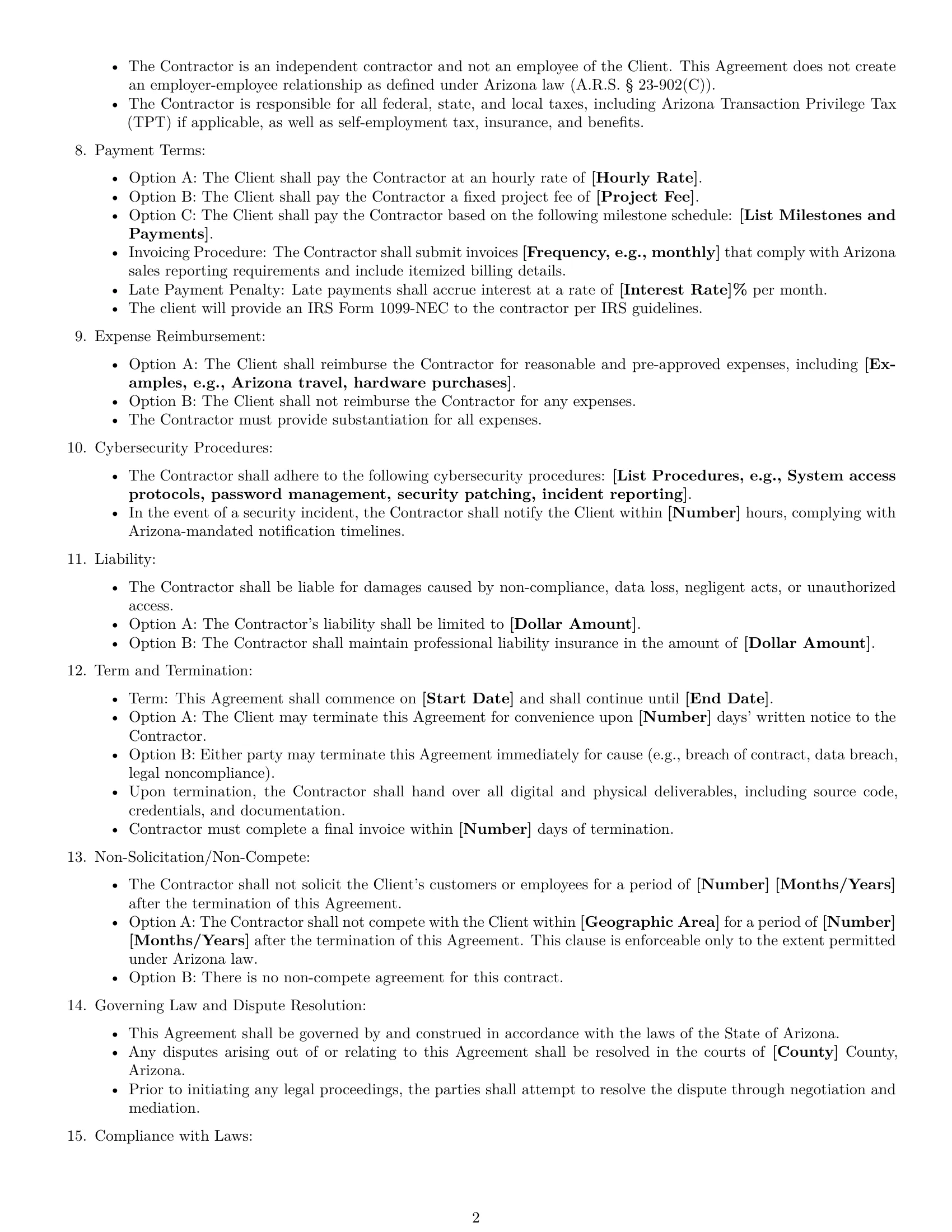 Preview page 2 of Free Arizona IT independent contractor agreement template