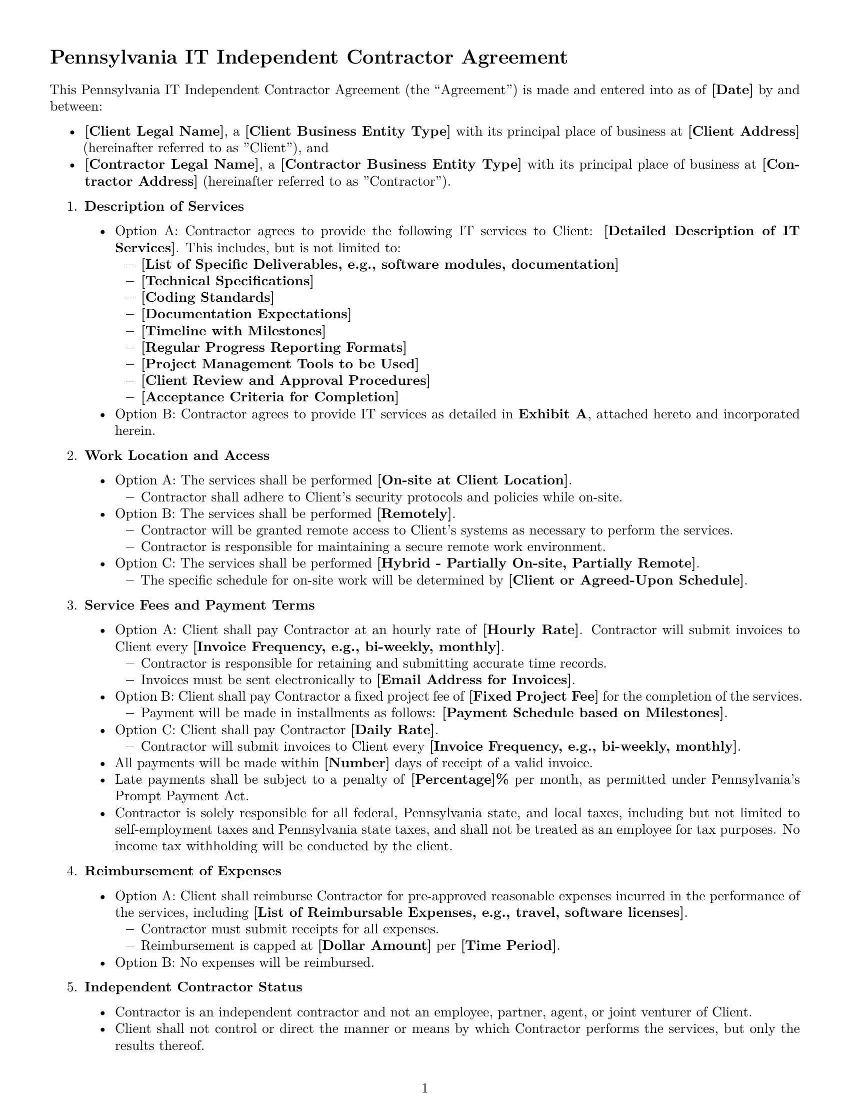 Preview page 1 of Free Pennsylvania IT independent contractor agreement template