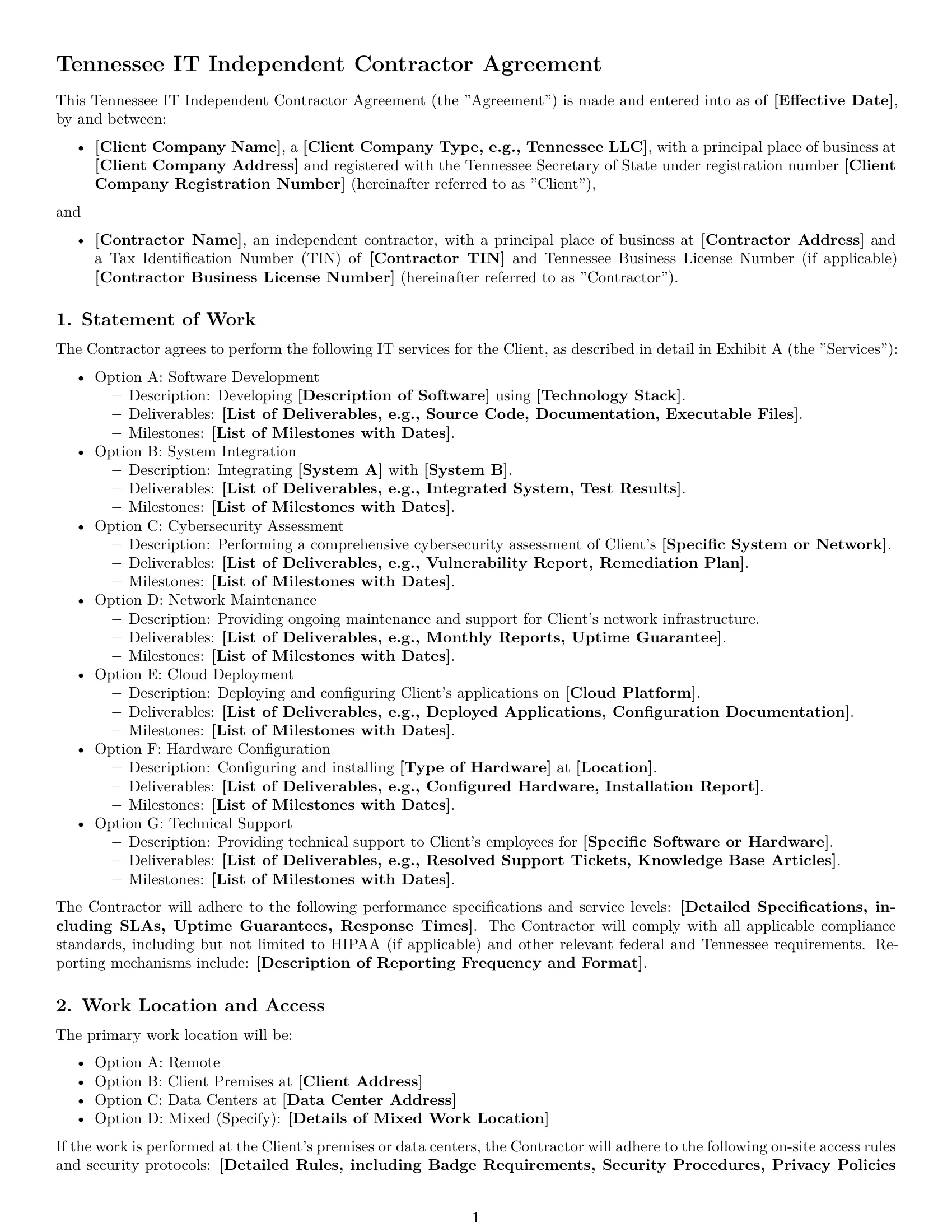 Preview page 1 of Free Tennessee IT independent contractor agreement template