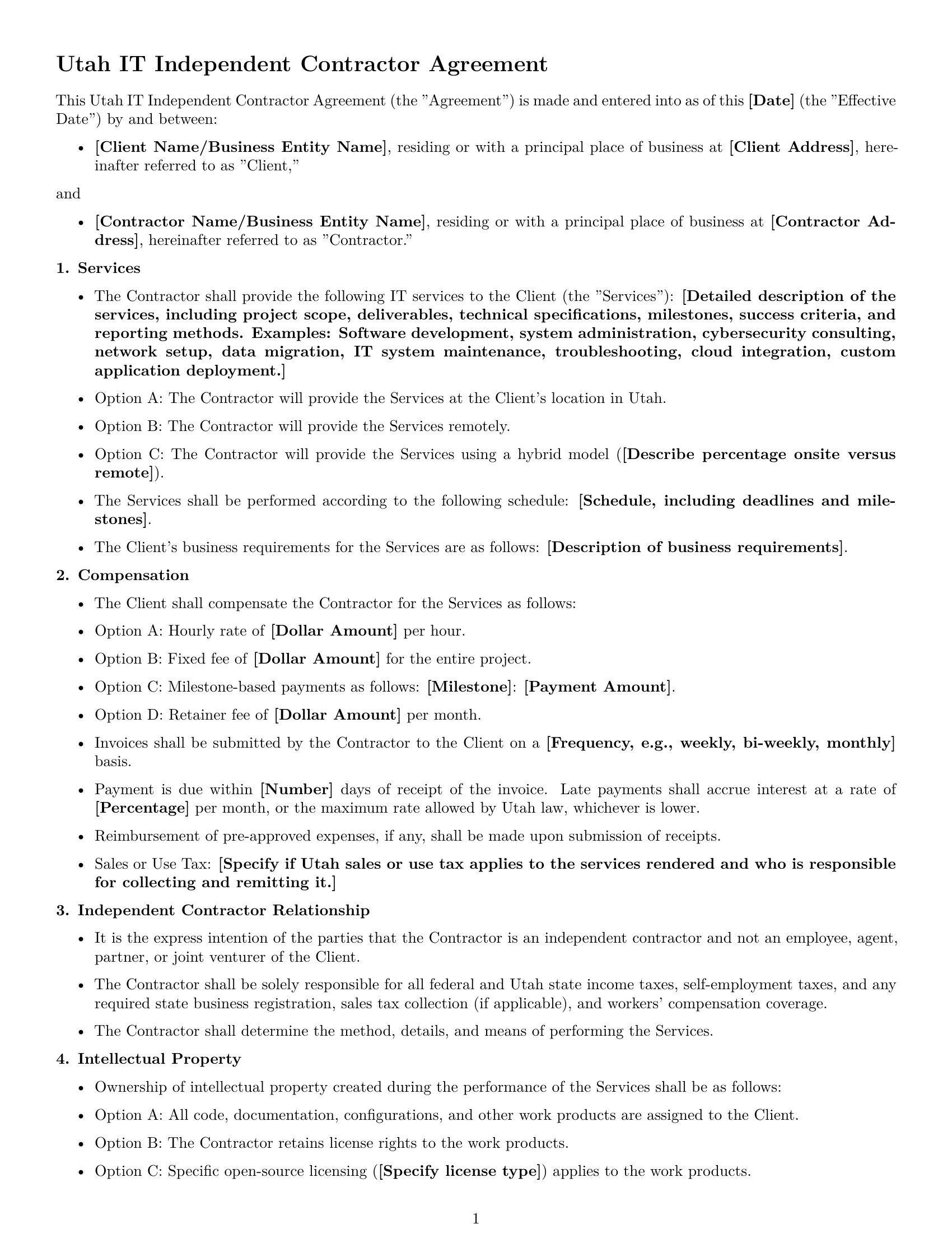 Preview page 1 of Free Utah IT independent contractor agreement template