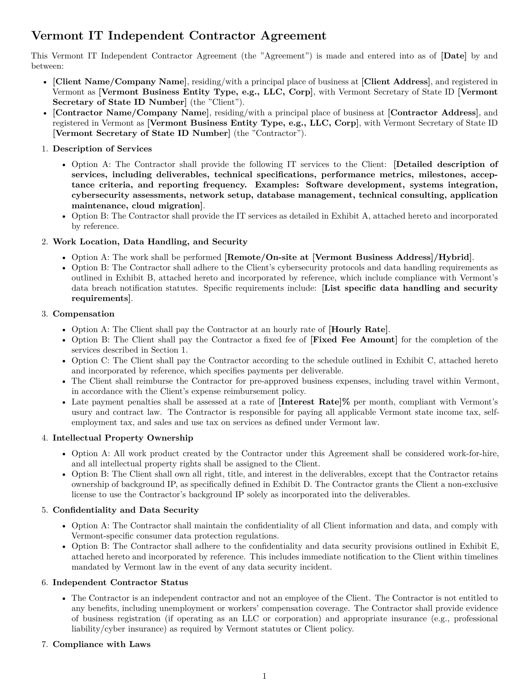 Preview page 1 of Free Vermont IT independent contractor agreement template
